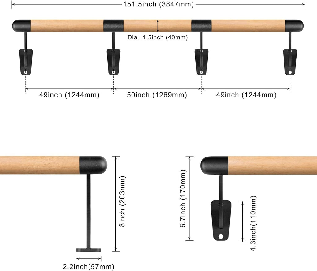 SELEWARE 4-12 FT Wood Ballet Barre Wall Mount Ballet Bar Dance Bar for Home
