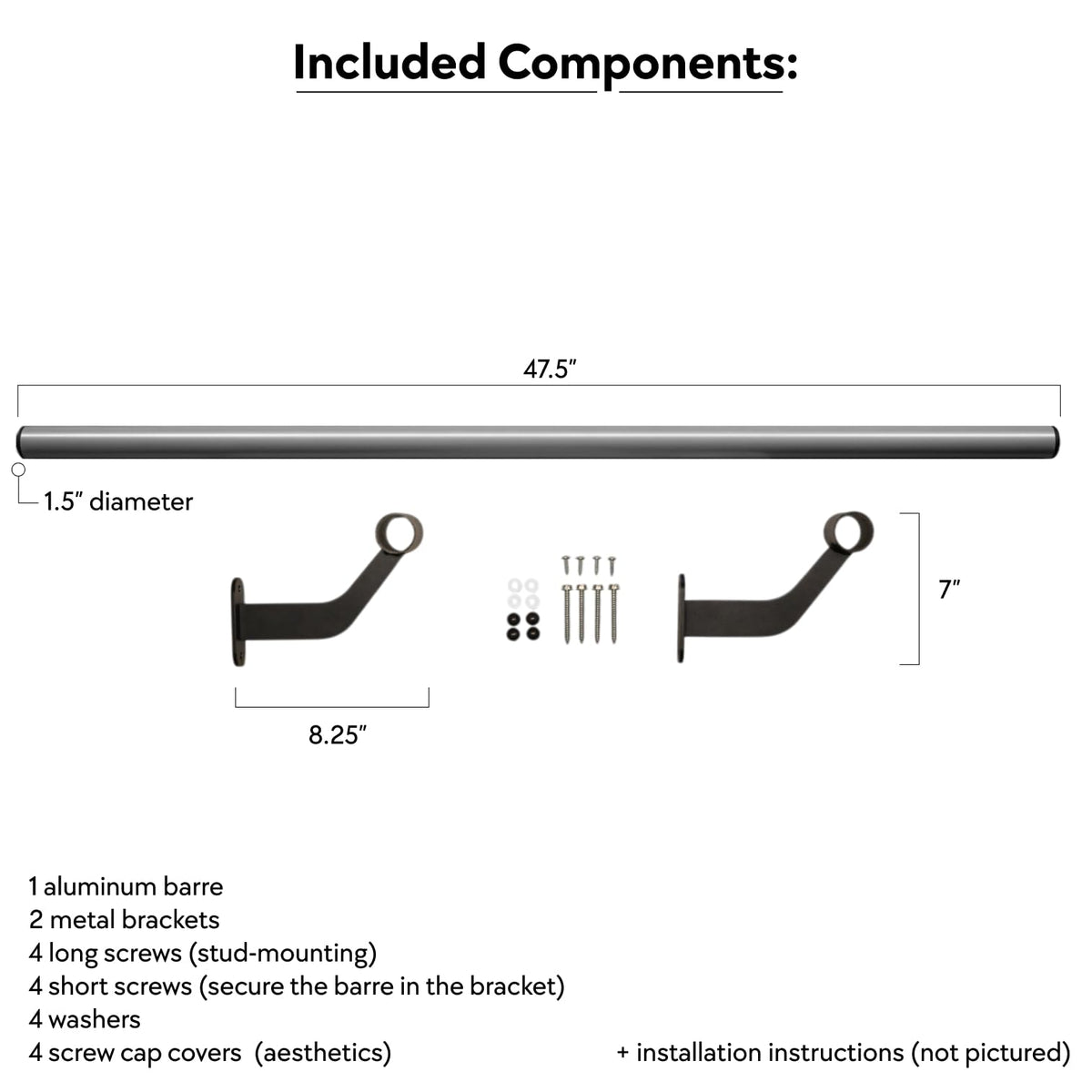 Wall-Mounted Ballet Barre - Metal - for Home Dance, Exercise, Fitness, Stretching - Made in USA