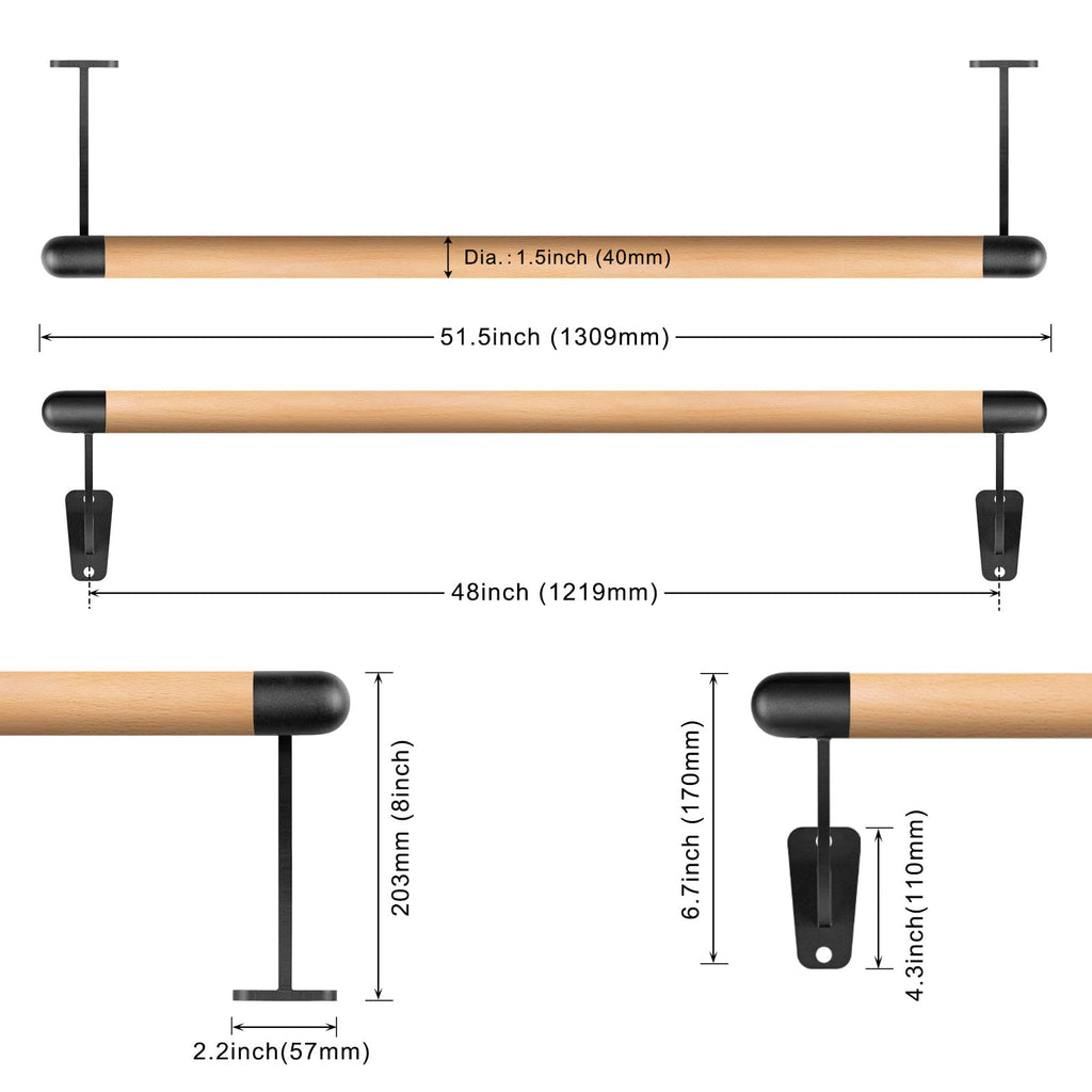 SELEWARE 4-12 FT Wood Ballet Barre Wall Mount Ballet Bar Dance Bar for Home