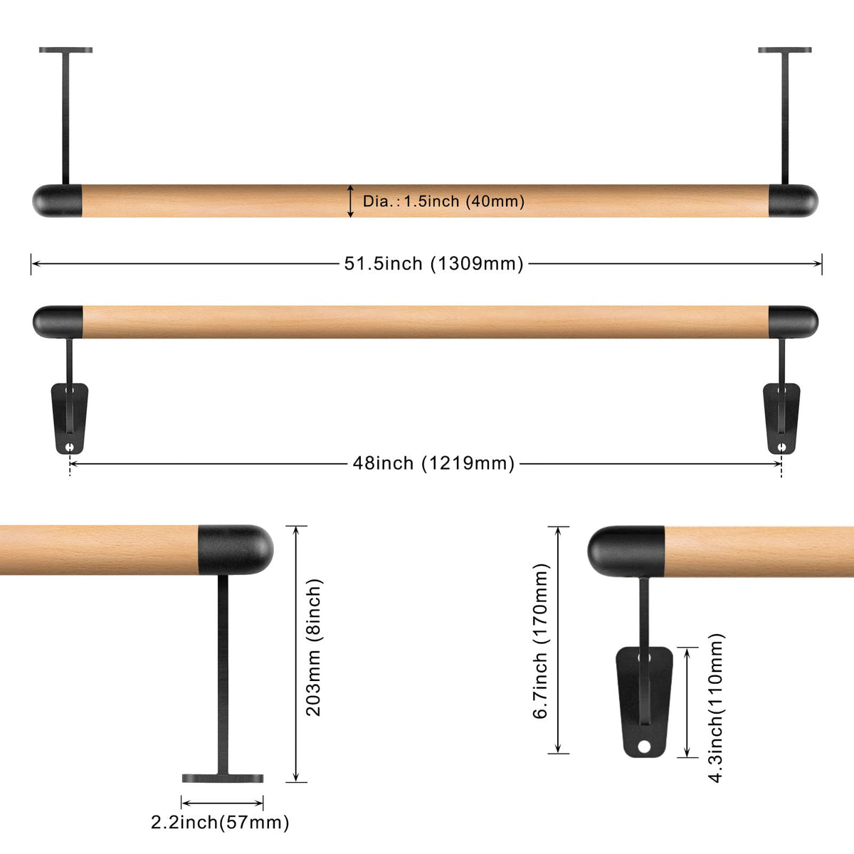 SELEWARE 4-12 FT Wood Ballet Barre Wall Mount Ballet Bar Dance Bar for Home