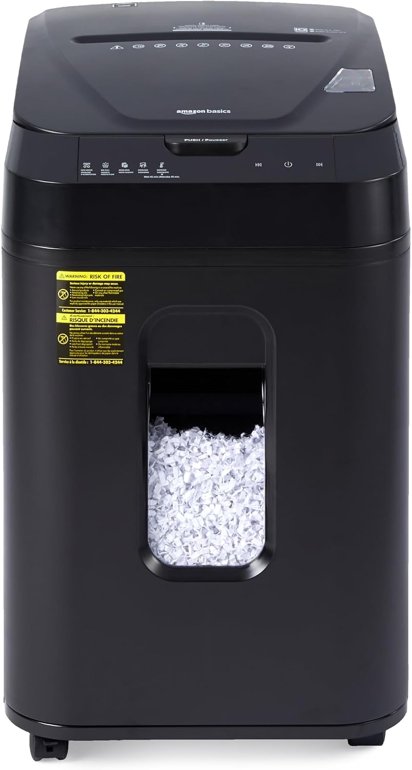 Amazon Basics 150-Sheet Autofeed Micro-Cut Paper and Credit Card Shredder, High Security Level P-4 with 8.5-Gallon Bin, 60-Minute Continuous Run Time, Black