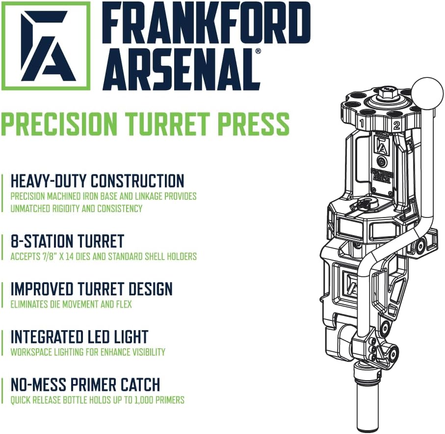 Frankford Arsenal Precision Turret Press with 8-Stations, Built-in LED Light, Primer Catch, Compatible with Standard Dies, for Gunsmithing, Reloading