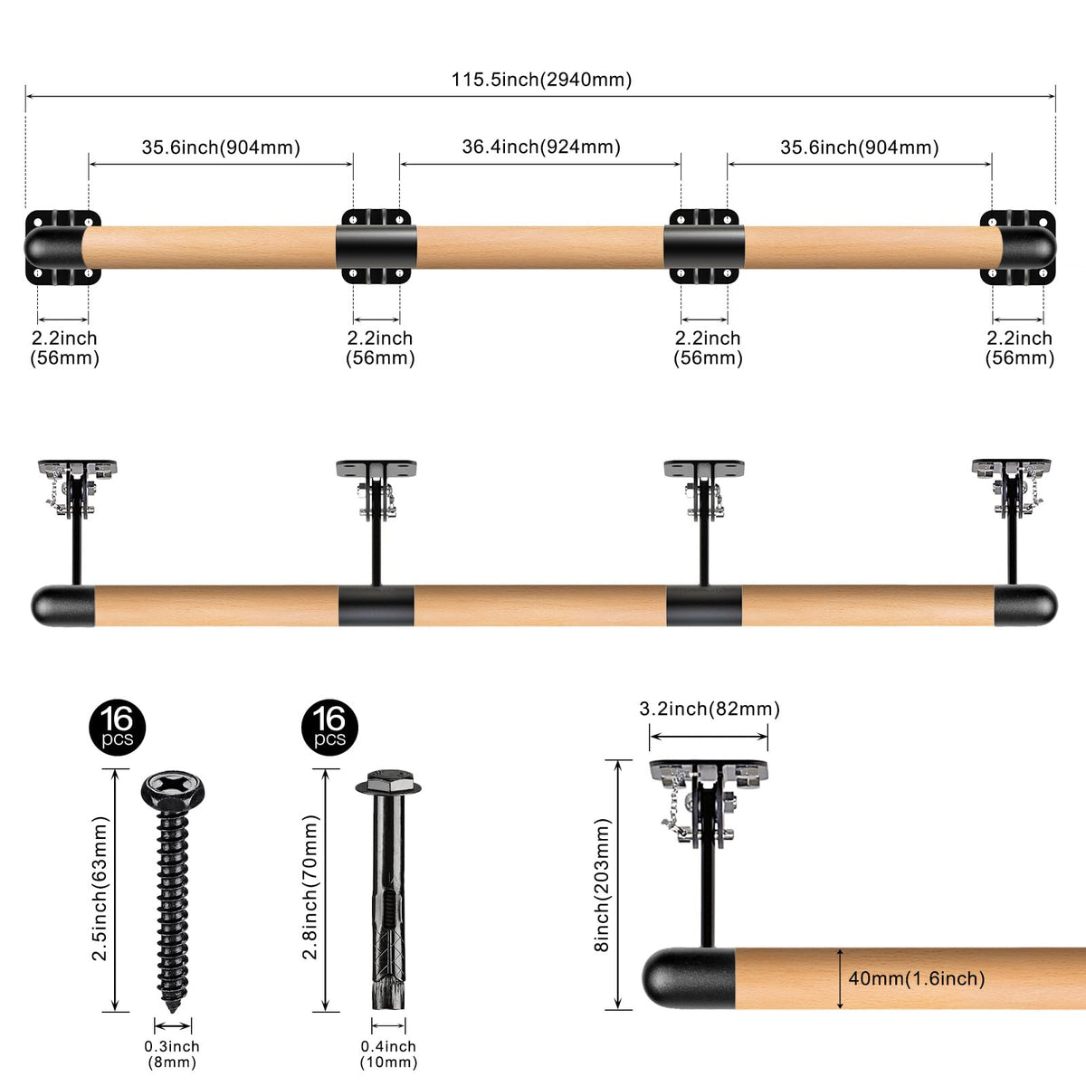 Dolibest Space Saver, Ballet Barre, Wall Mounted Traditional Wood Ballet Barre System Stretch/Dance for Home Barre Workout Equipment, Height Adjustable, for Kids and Adults