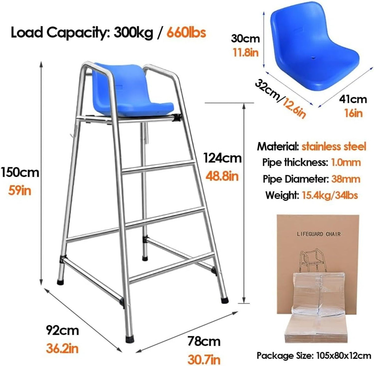 Tennis Volleyball Referee Chair Stand 120 150 180cm High Stainless Steel Lifeguard Seat for Pools Patio Lake Beach Outdoor Extra Tall Guard Deck Chair Comfortab, Blue, 120cm/47.2in/3.9ft high