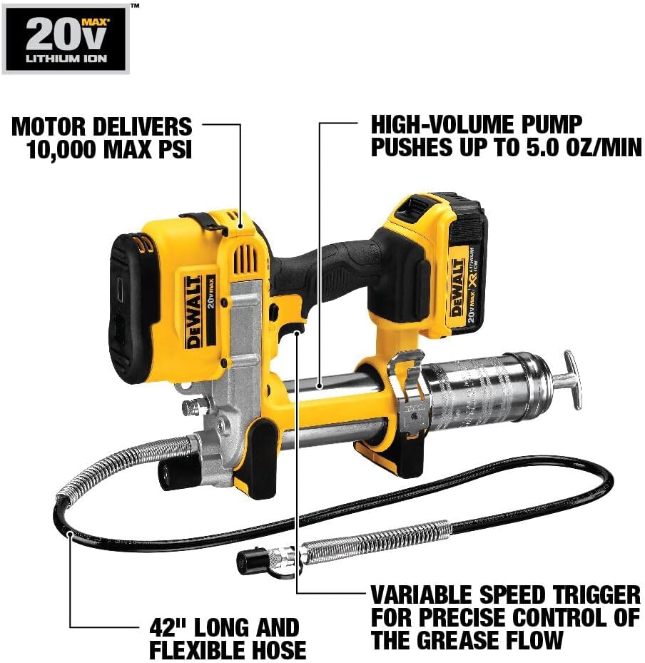 DEWALT Grease Gun Kit 20V MAX with 4.0Ah Battery and Charger, Cordless Grease Gun, LED Light, 42â Hose, 10,000 PSI, Variable Speed Triggers (DCGG571M1)