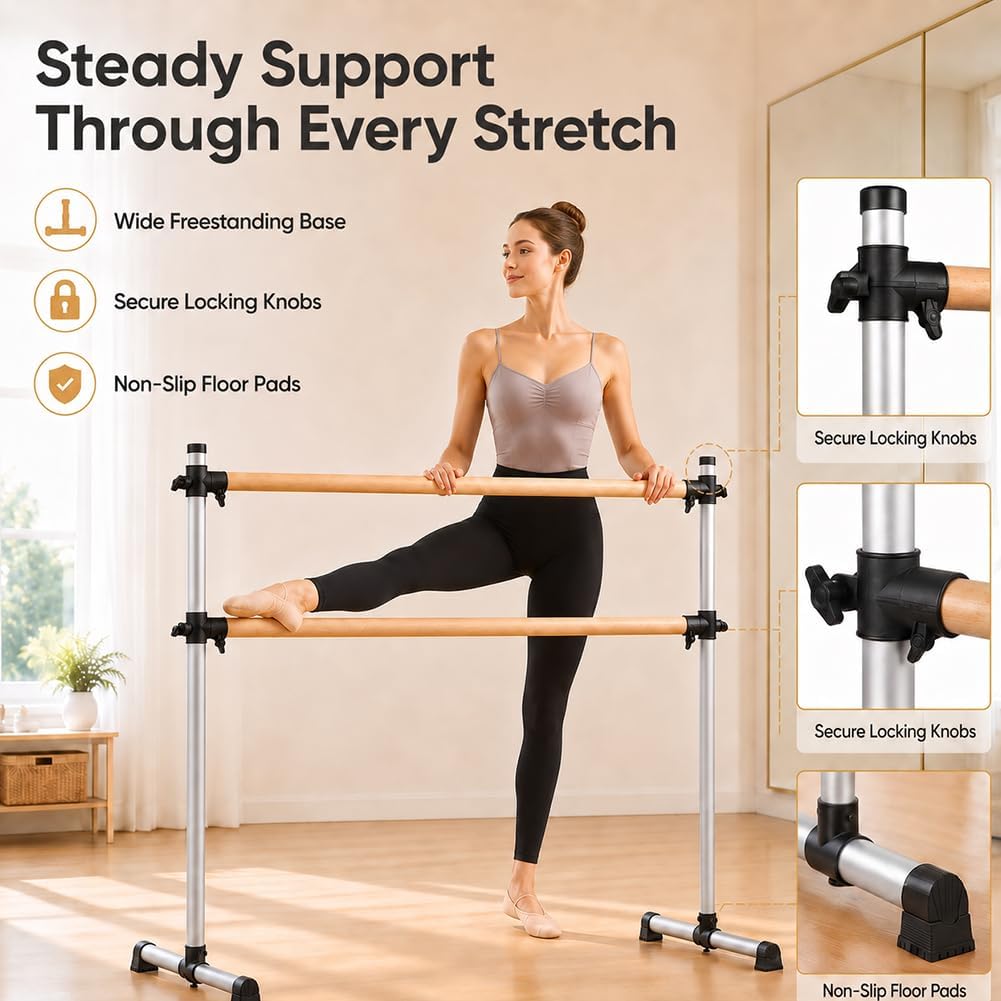 UMEKEN Wood/Aluminum/Steel Ballet Barre 4 Foot Portable Barre Bar Home Adjustable Freestanding Ballet Stretch Dance Bar for Kids Adult with Carry Bag