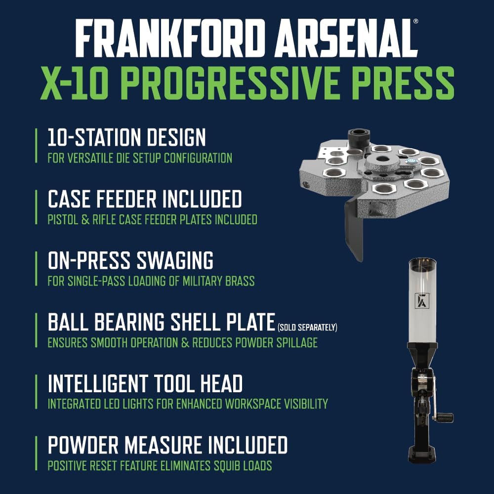 Frankford Arsenal X-10 Progressive Press with 10 Stations, Case Feeder, Automatic Rotating Shell Plate and Powder Measure, For Reloading and Gunsmithing