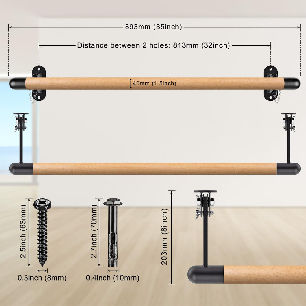 Dolibest Space Saver, Ballet Barre, Wall Mounted Traditional Wood Ballet Barre System Stretch/Dance for Home Barre Workout Equipment, Height Adjustable, for Kids and Adults