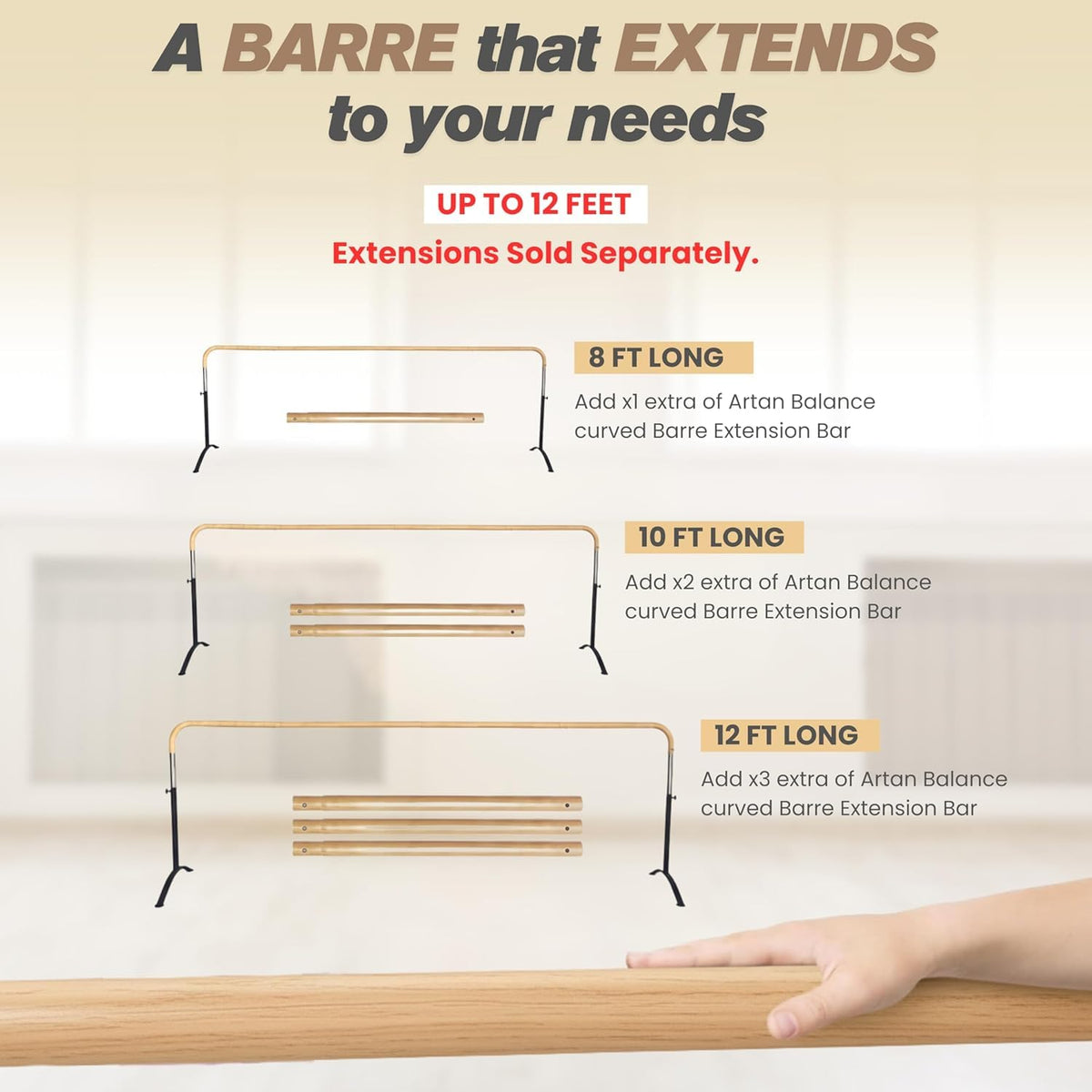 Ballet Barre Portable for Home or Studio, 6 ft Extendable to 12 ft Bar Curved, Height Adjustable from 27" to 44", Ideal for Stretch, Pilates, Dance, Active Workouts, Single or Double, Kids Adults