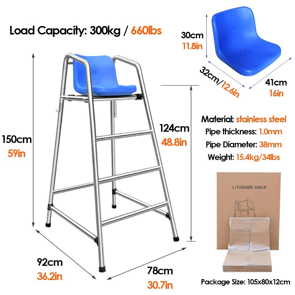 High Stainless Steel Lifeguard Chair for Pools Patio Lake Beach, Tennis Volleyball Referee Chair Stand, Outdoor Extra Tall Life Guard Deck Chairs/Bar Stool w/Comfortable Seat(120cm/47.2in/3.9ft high)