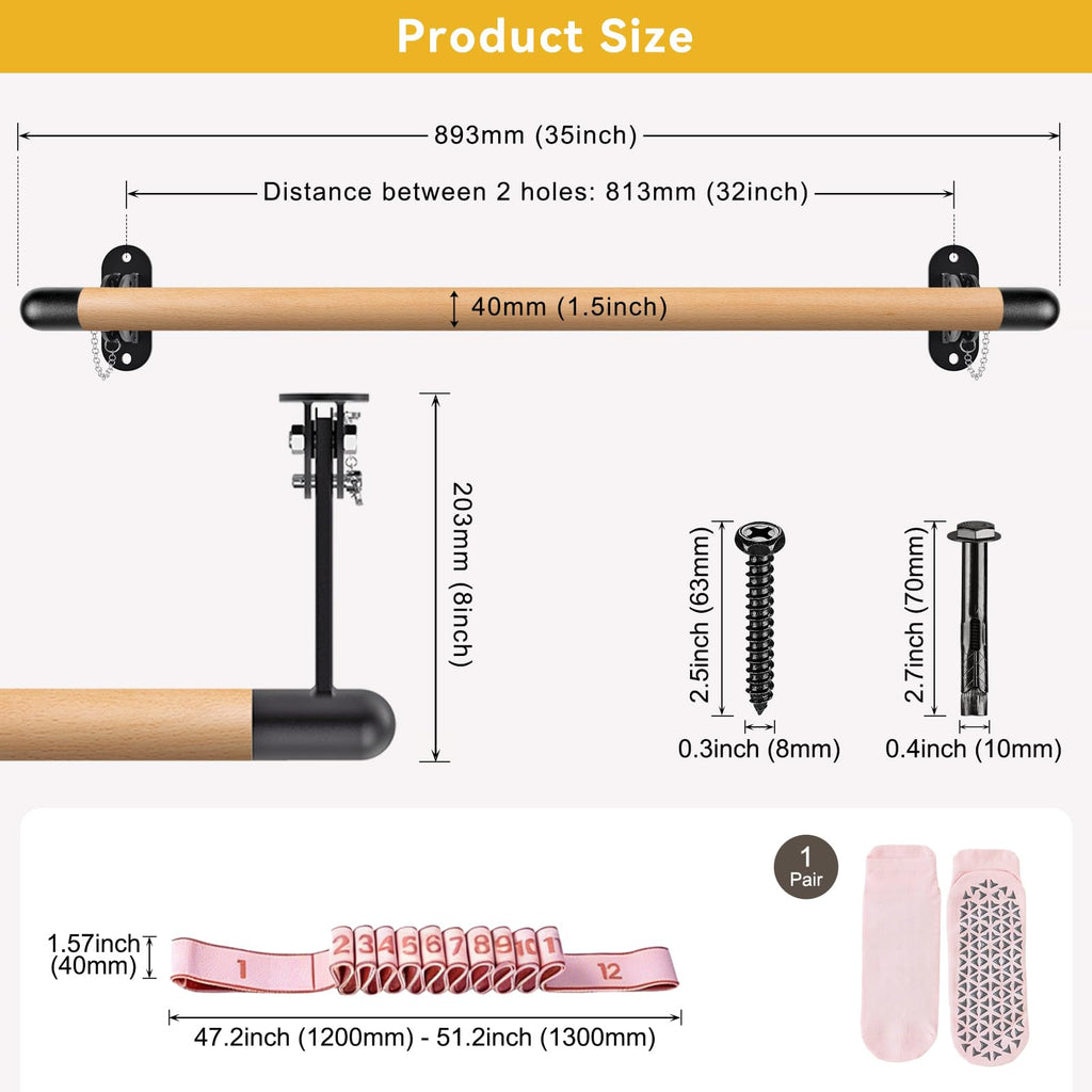 Kipika Wall Mounted Traditional Solid Wood Ballet Barre, Freestanding Ballet Barre, Stretch/Dance Bar for Home Workout Dance Equipment, Durable Metal Support, Height Adjustment