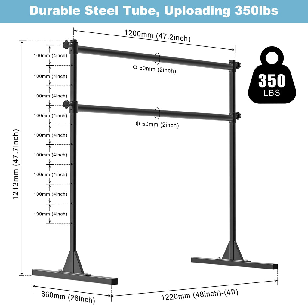 BeneLabel 4FT/5FT/6FT Height Adjustable Freestanding Ballet Barre with Fabric Sleeve Portable Double Ballet Bar 350 lbs Capacity Heavy Duty Dance Barre for Home Workout, Stretch