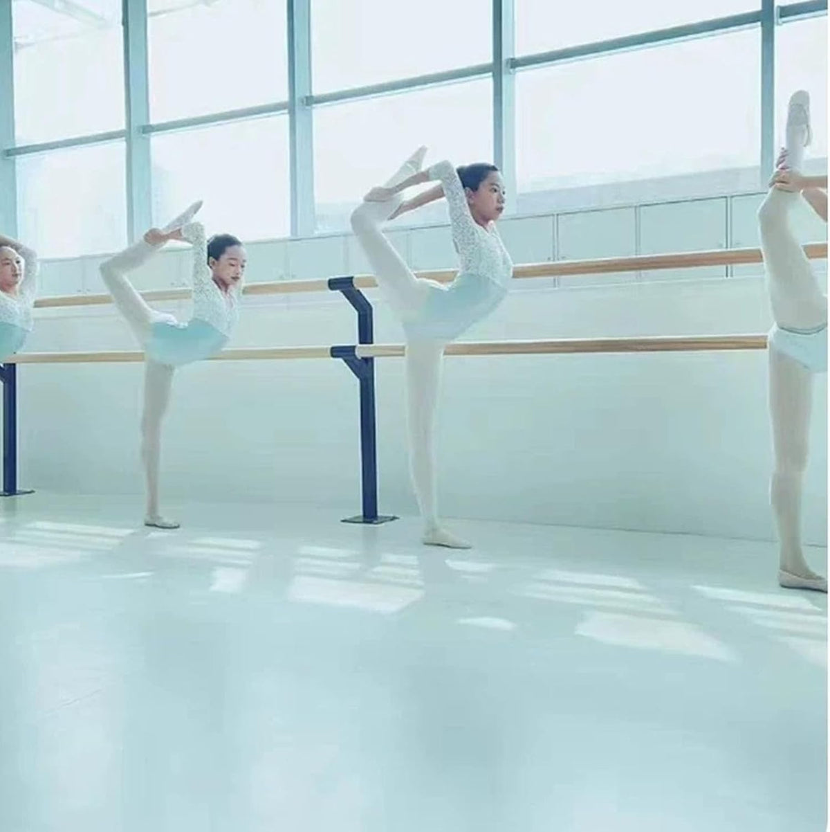 Double Floor Mounted Ballet Barre, Solid Wood Dance Bar with Manganese Steel Core, Heavy Duty Stretching Barre for Home Studio, Ballet Pilates Fitness Training for Kids and Adults