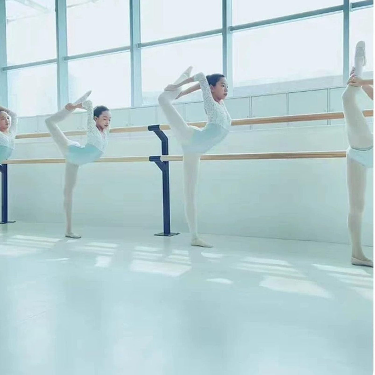 Double Floor Mounted Ballet Barre, Solid Wood Dance Bar with Manganese Steel Core, Heavy Duty Stretching Barre for Home Studio, Ballet Pilates Fitness Training for Kids and Adults
