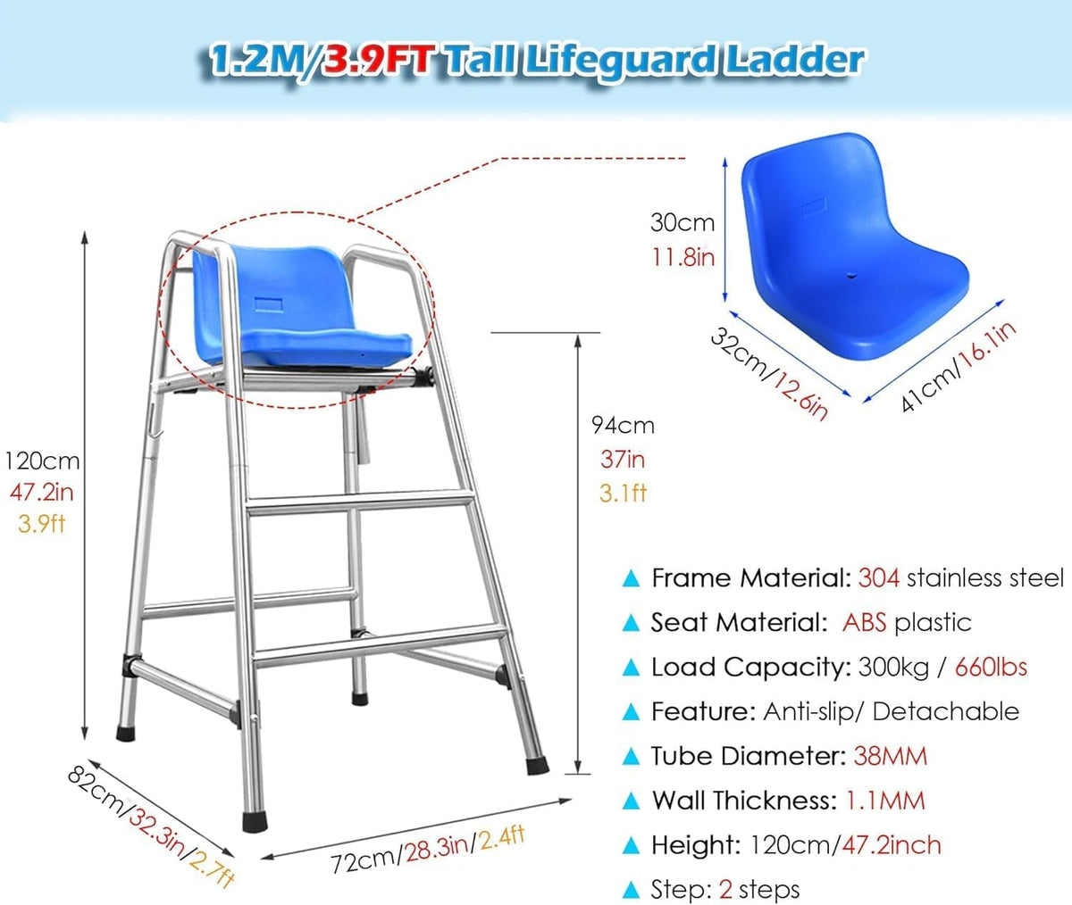 Adults/Kids Life Guard Chairs - 304 Stainless Steel for Beach/Water Park/Lake Outdoor, Swimming Pool Deck Lifeguard Chairs(72x82x120cm/28.3x32.3x47.2inch)