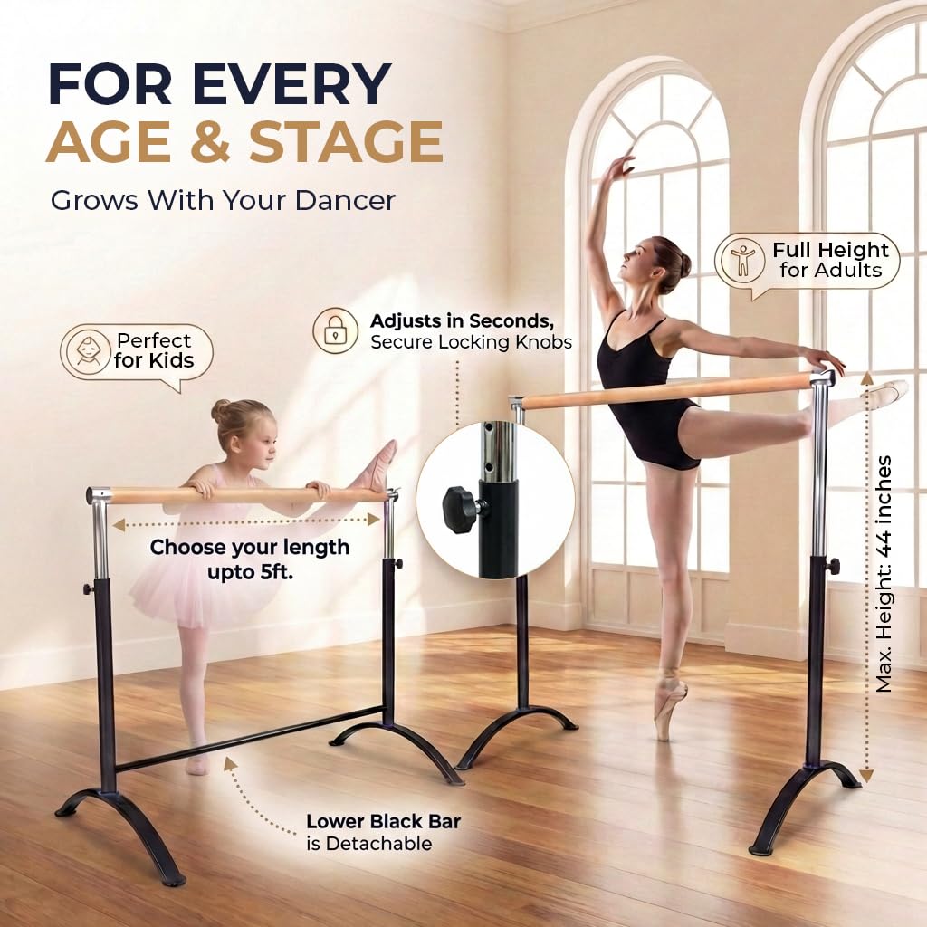 Ballet Barre Portable for Home or Studio, Freestanding Adjustable Bar for Stretch, Balance, Pilates, Dance or Active Workouts, Single or Double Bar, Kids and Adults
