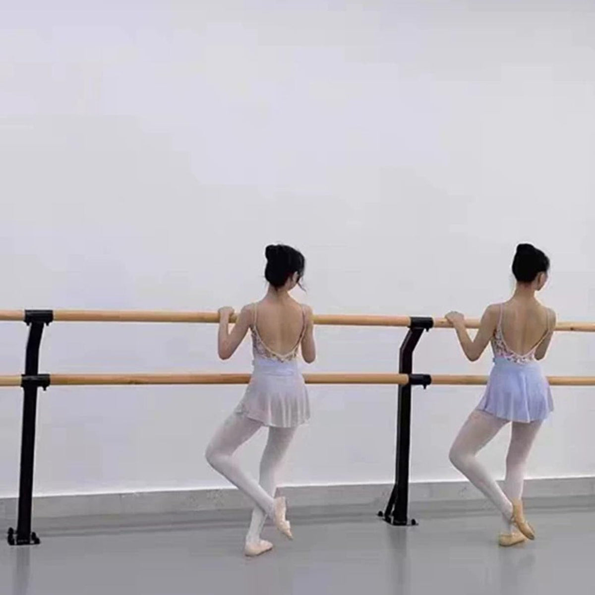 Double Floor Mounted Ballet Barre, Solid Wood Dance Bar with Manganese Steel Core, Heavy Duty Stretching Barre for Home Studio, Ballet Pilates Fitness Training for Kids and Adults