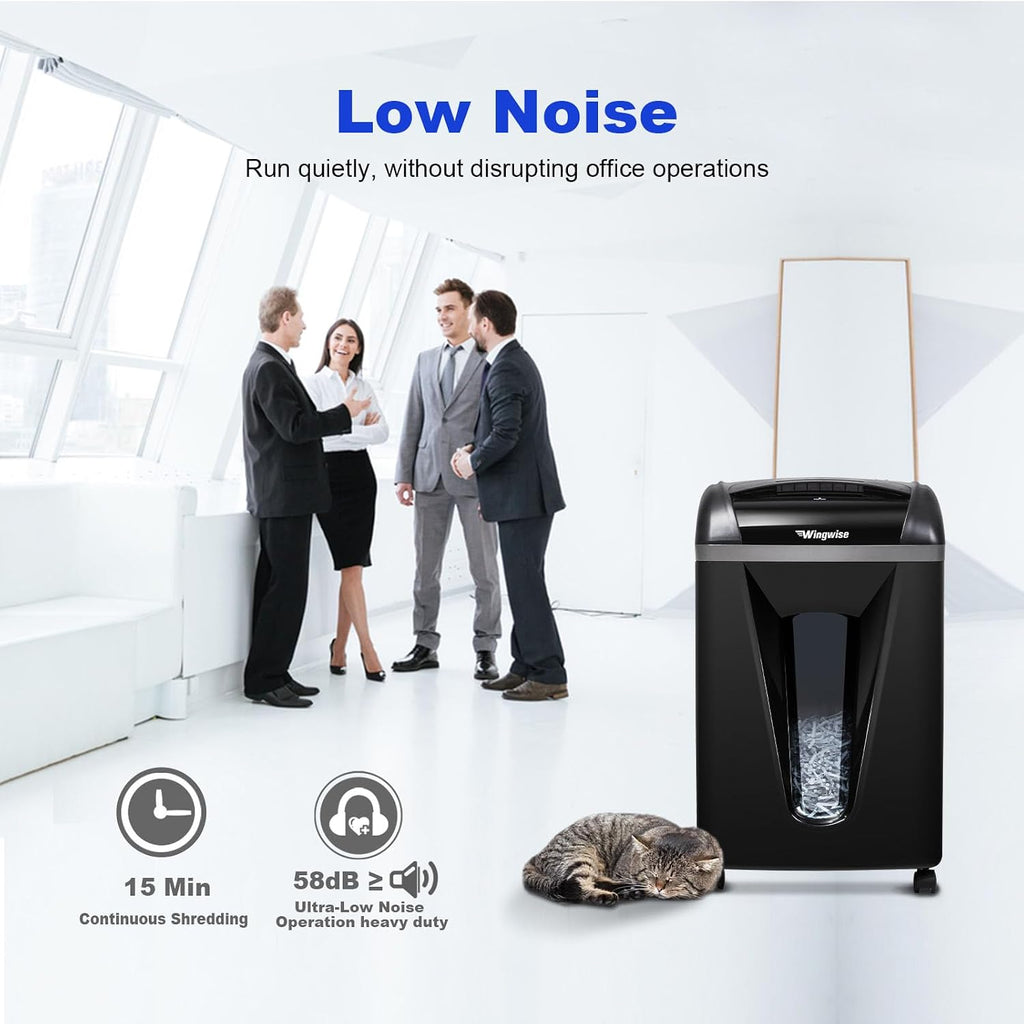 Wingwise Paper Shredder for Home, 15 Sheets Heavy Duty Cross Cut Shredders for Office, P-4, 15 Mins Runtime, 5.8-Gal Bin with Transparent Window, Shreds Credit Cards & CDs, Staples & Paper Clips