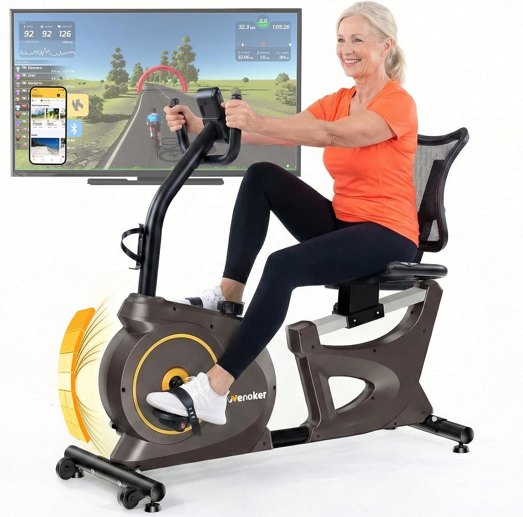 Wenoker Recumbent Exercise Bike for Home, Quiet Magnetic Stationary Bike with Bluetooth APP Connectivity, 15-Level Magnetic Resistance, Adjustable Seat, LCD Monitor, Indoor Cycling Bike, 350 LB Capacity