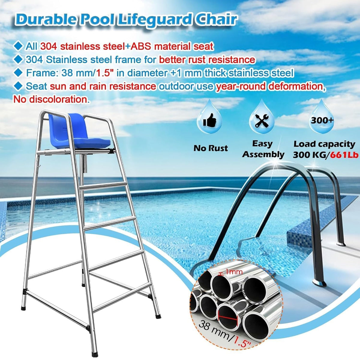 Adults/Kids Life Guard Chairs - 304 Stainless Steel for Beach/Water Park/Lake Outdoor, Swimming Pool Deck Lifeguard Chairs(72x82x120cm/28.3x32.3x47.2inch)