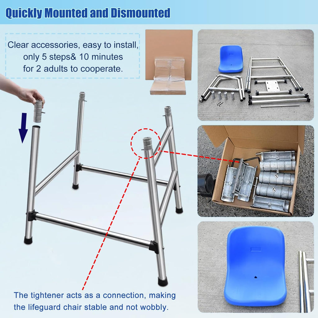 304 Stainless Steel Lifeguard Chair W/Comfortable Seat & Umbrella, Beach Sandy Tennis/Volleyball Referee Stand Chair, Portable Tall Life Guard Deck Chairs/Bar Stool(47in/3.9ft/1.2m)