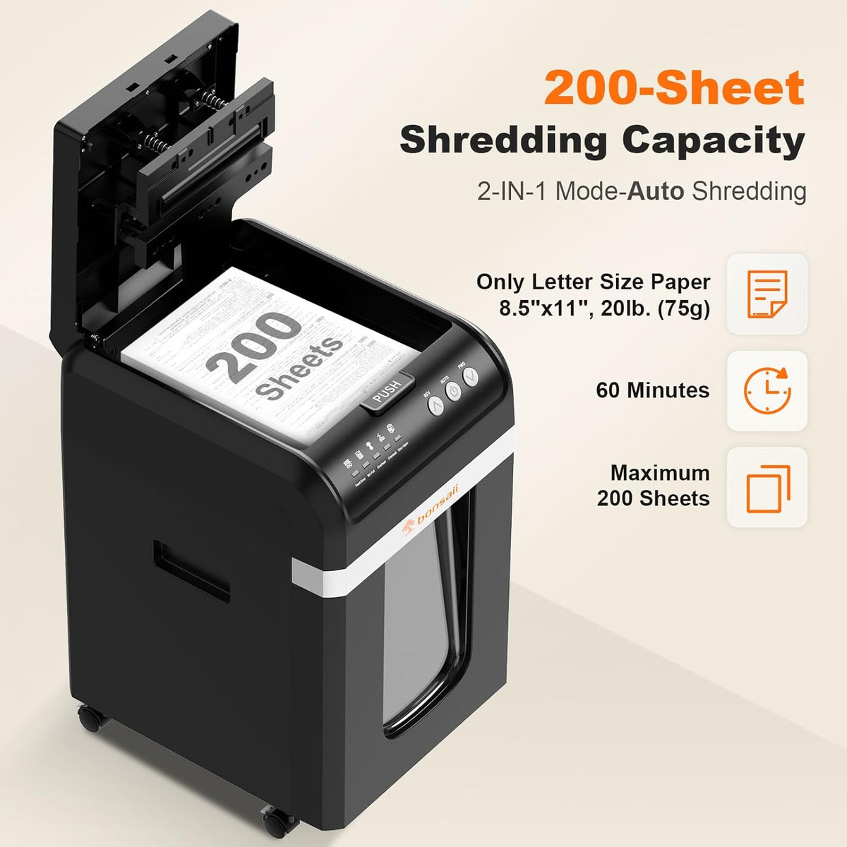 Bonsaii 200-Sheet Auto Feed Micro Cut Heavy Duty Paper Shredder for Office