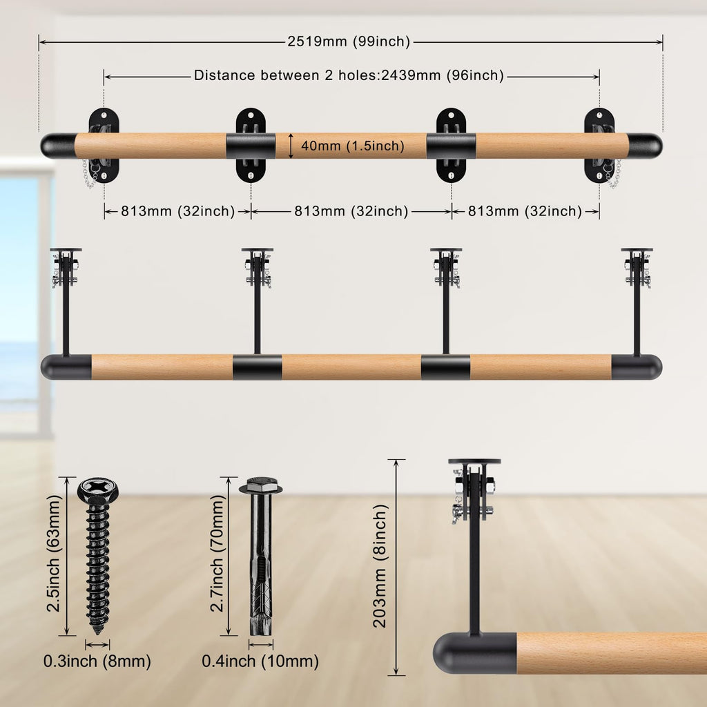 Dolibest Space Saver, Ballet Barre, Wall Mounted Traditional Wood Ballet Barre System Stretch/Dance for Home Barre Workout Equipment, Height Adjustable, for Kids and Adults