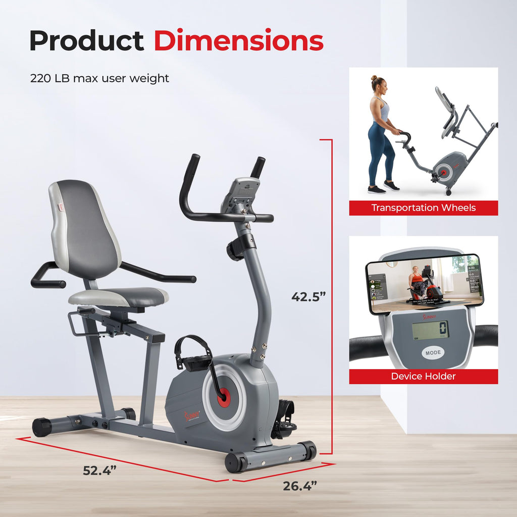 Sunny Health & Fitness Smart Magnetic Recumbent Bike for Home Cardio