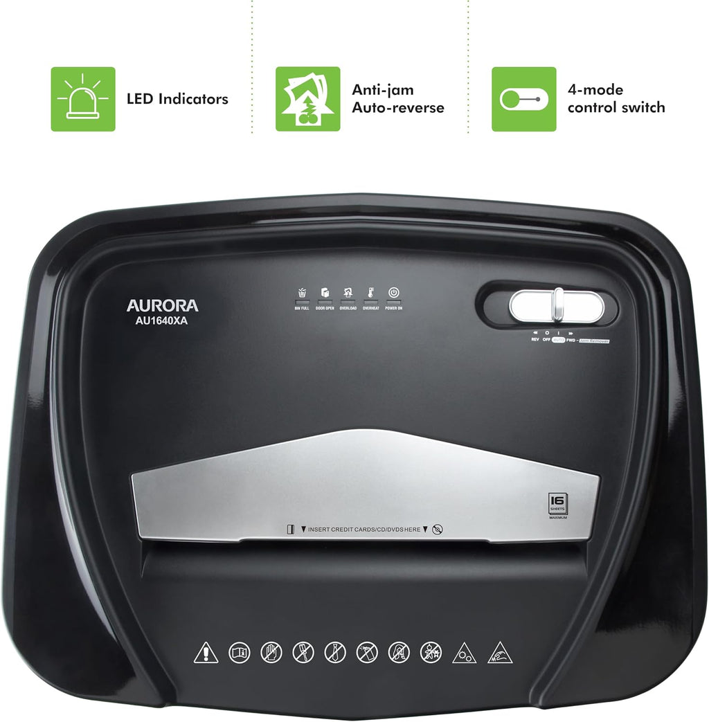 Aurora AU1640XA Anti-Jam 16 Sheet Crosscut Paper/CD and Credit Card/ 5 Gal Pullout Basket Shredder, 30 Minutes Continuous Run Time