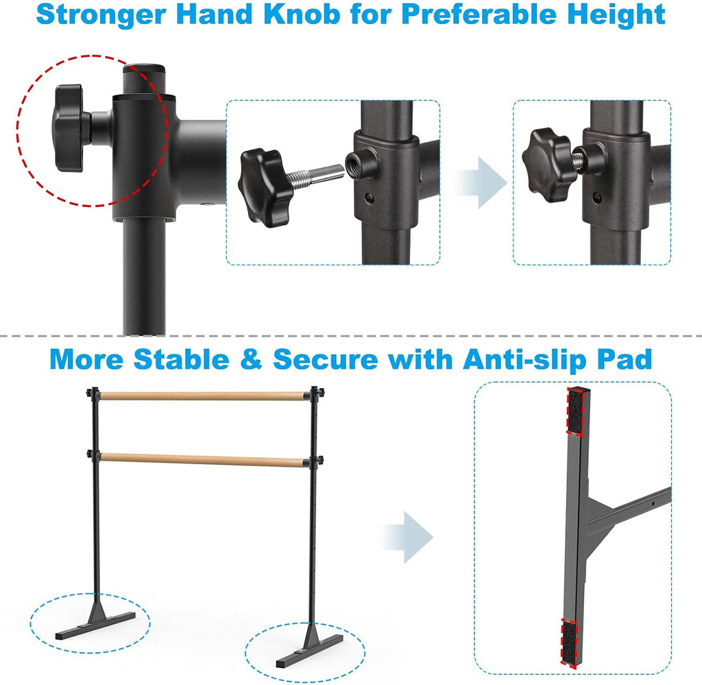 BeneLabel 4FT/5FT/6FT Height Adjustable Freestanding Ballet Barre with Fabric Sleeve Portable Double Ballet Bar 350 lbs Capacity Heavy Duty Dance Barre for Home Workout, Stretch