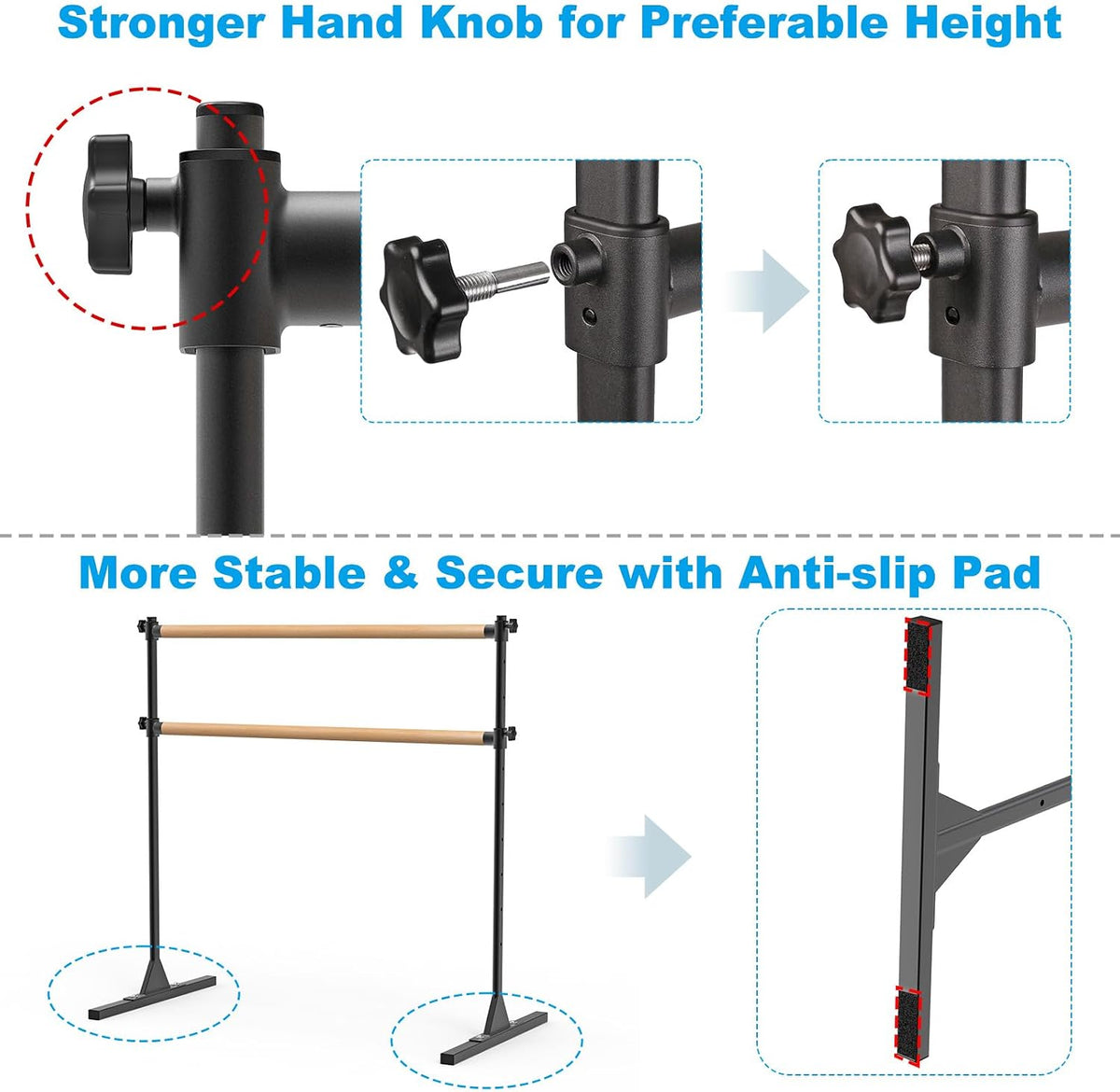 BeneLabel 4FT/5FT/6FT Height Adjustable Freestanding Ballet Barre with Fabric Sleeve Portable Double Ballet Bar 350 lbs Capacity Heavy Duty Dance Barre for Home Workout, Stretch