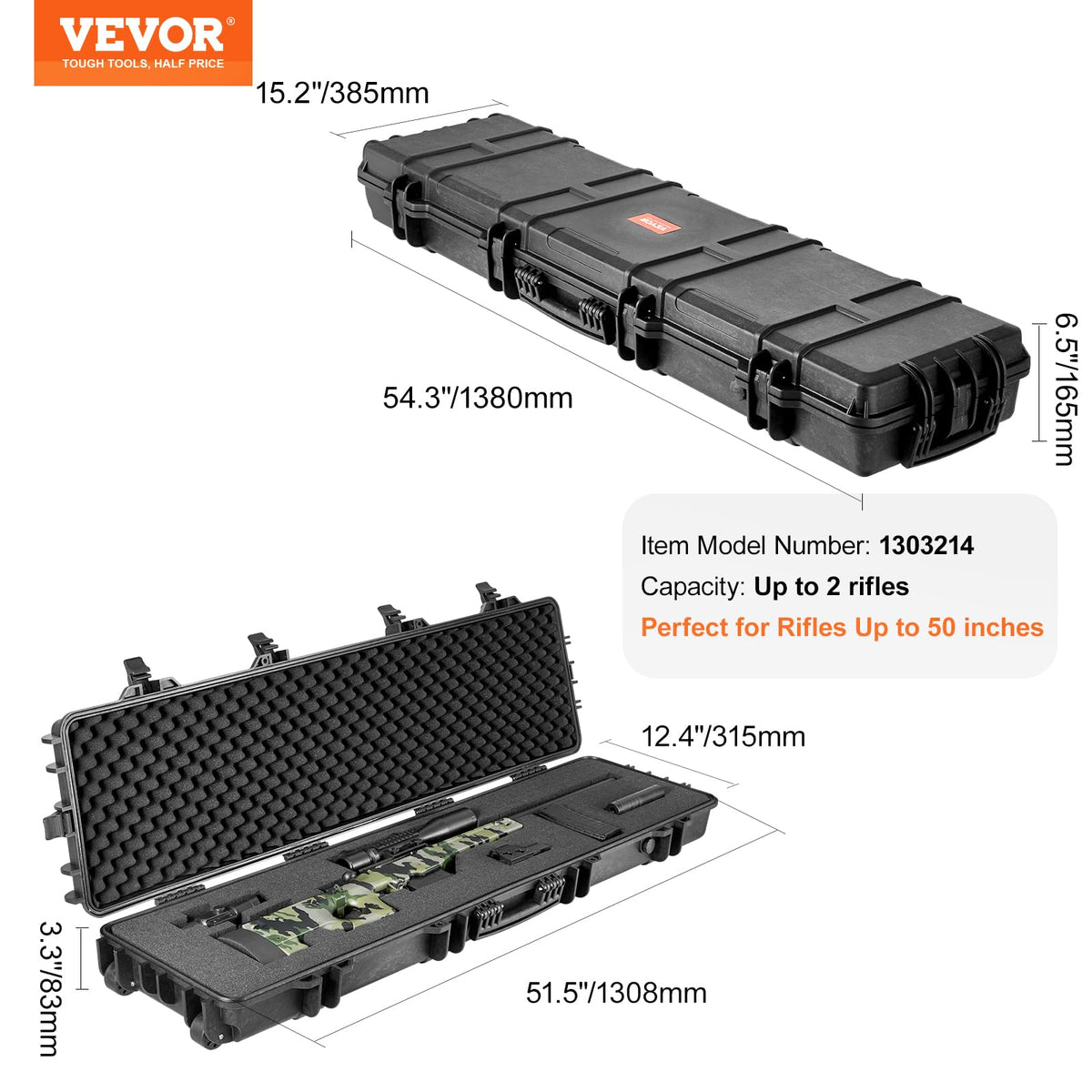 VEVOR Rifle Case, Rifle Hard Case with 4 Layers Fully-protective Foams, Lockable Hard Gun Case with Wheels, IP67 Waterproof & Crushproof, for Rifles or Shotguns