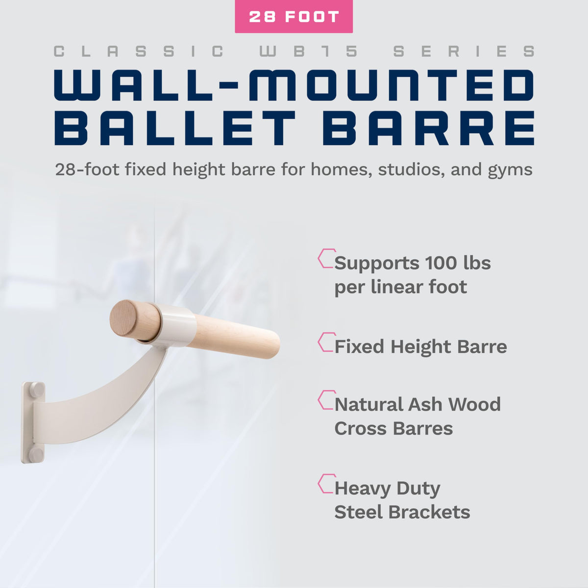 VITA Barre Wall-Mounted Single Ballet Barre, Classic WB15, Wood | Fixed Height, Made in USA, Home, Studio or Gym Exercise Equipment for Kids & Adults | Dance, Fitness, Pilates