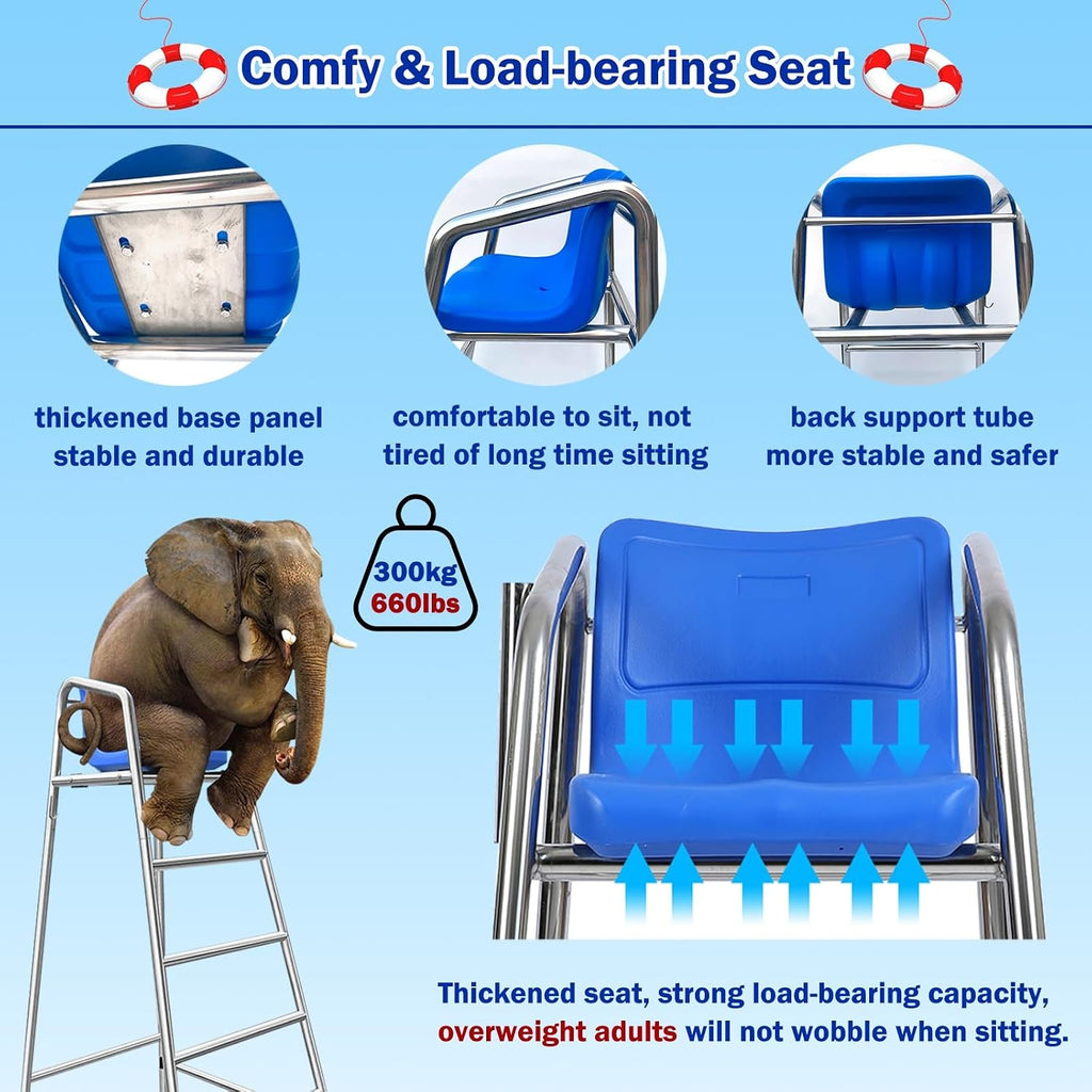 Tall Lifeguard Chairs,Table Tennis Referee Chairs for Coaches Referees, 304 Stainless Steel Lifeguard Chair with Hook/Sunshade Hole, Soccer Volleyball Directors Chair with Comfortable Seat