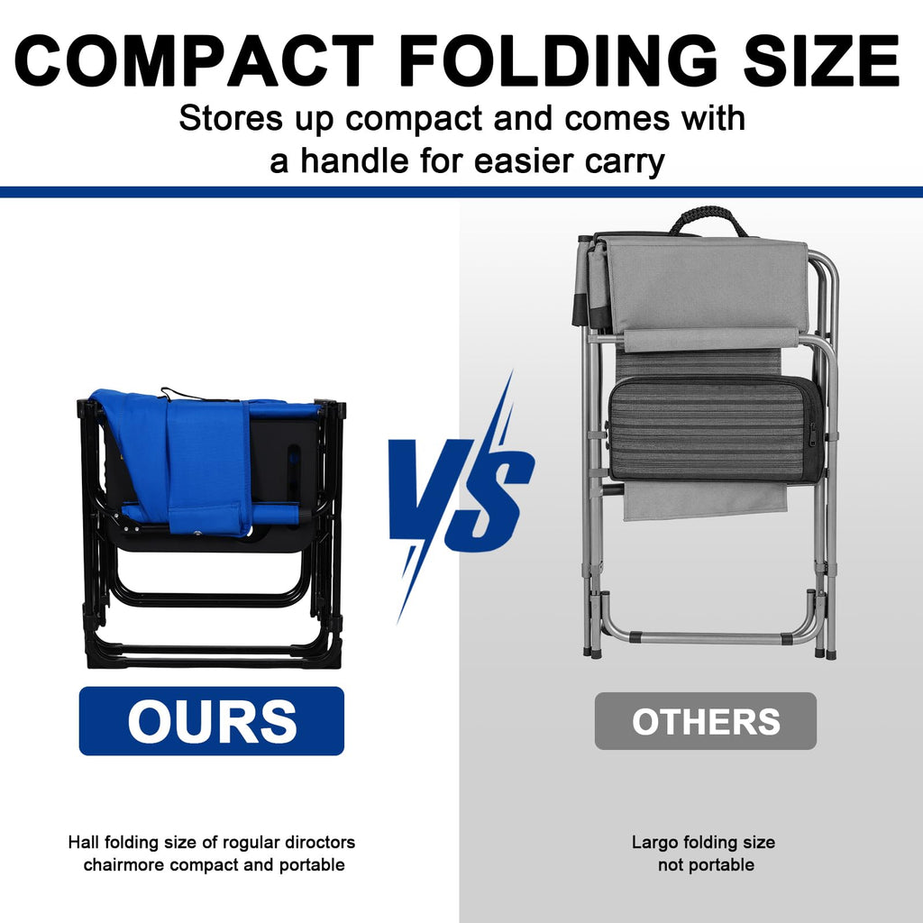 Romswi 2 Pack 30" Extra Tall Folding Camping Chairs, Heavy Duty Director Chairs with Side Table, Cup Holder & Storage Pocket, 400 LBS Support, Portable Outdoor Chairs for Camping, Sports, Events, Blue