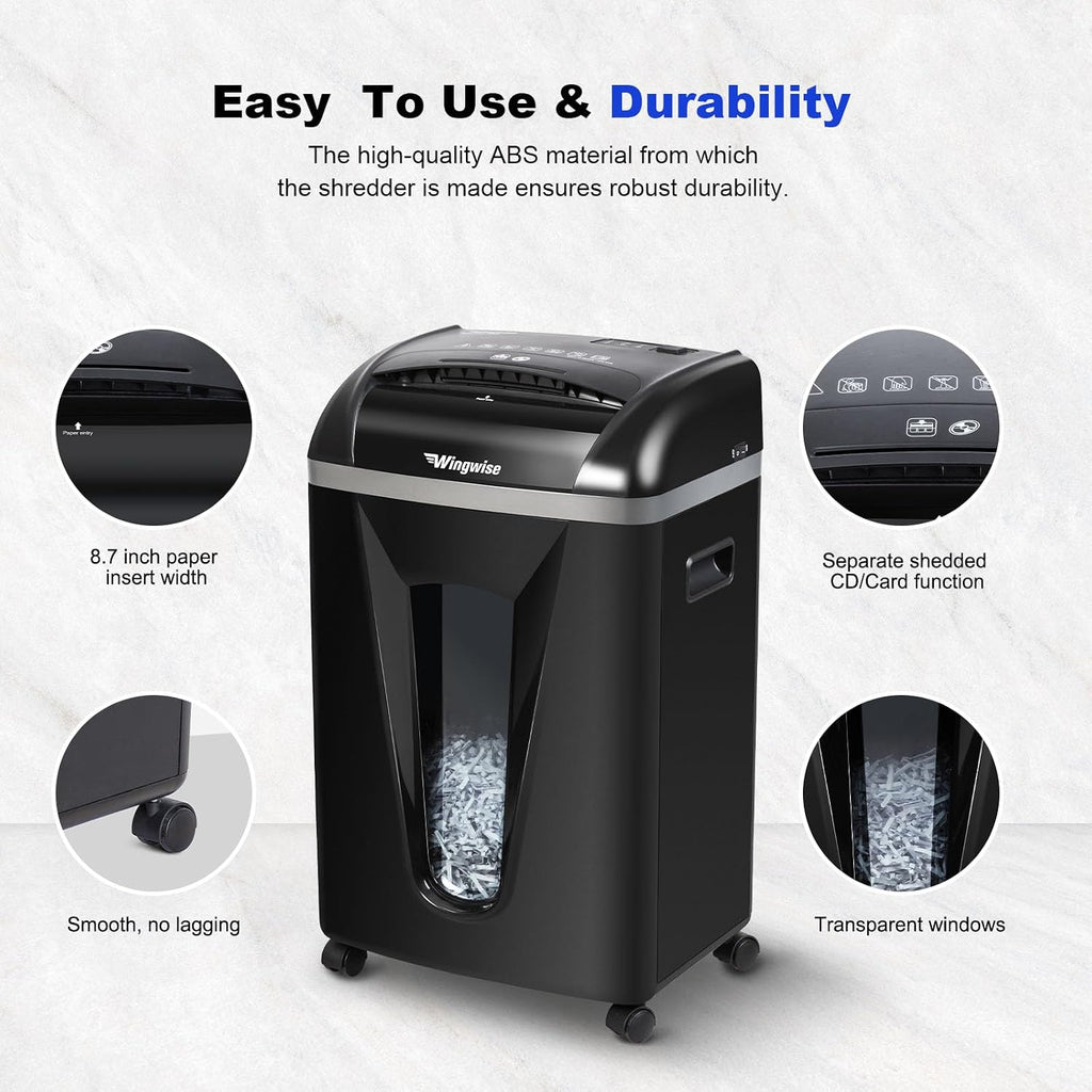 Wingwise Paper Shredder for Home, 15 Sheets Heavy Duty Cross Cut Shredders for Office, P-4, 15 Mins Runtime, 5.8-Gal Bin with Transparent Window, Shreds Credit Cards & CDs, Staples & Paper Clips