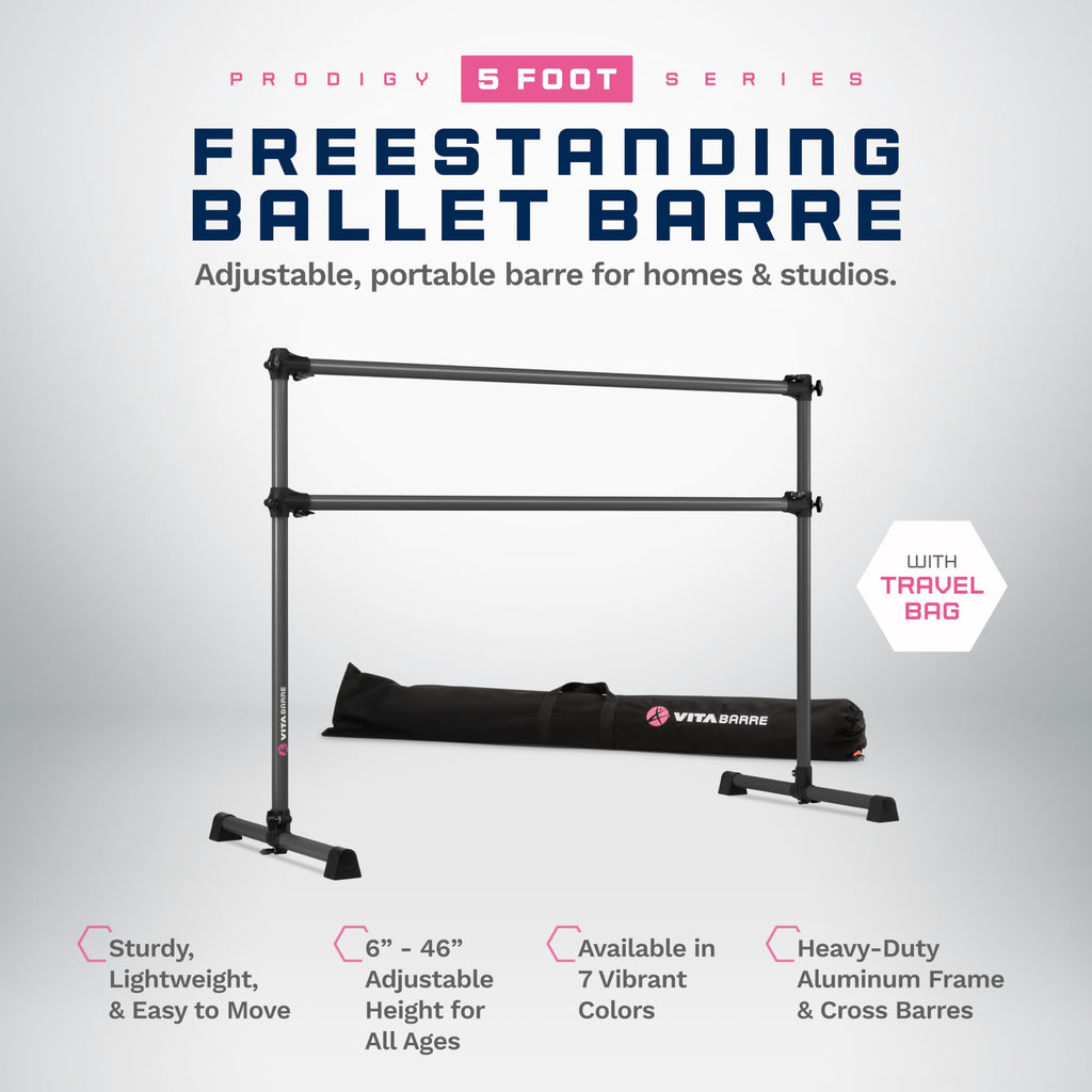 VITA Barre Portable Freestanding Double Ballet Barre, Prodigy, with Carry Bag | Adjustable Height, USA Made, Home or Gym Exercise Equipment for Kids & Adults | Dance, Fitness, Pilates