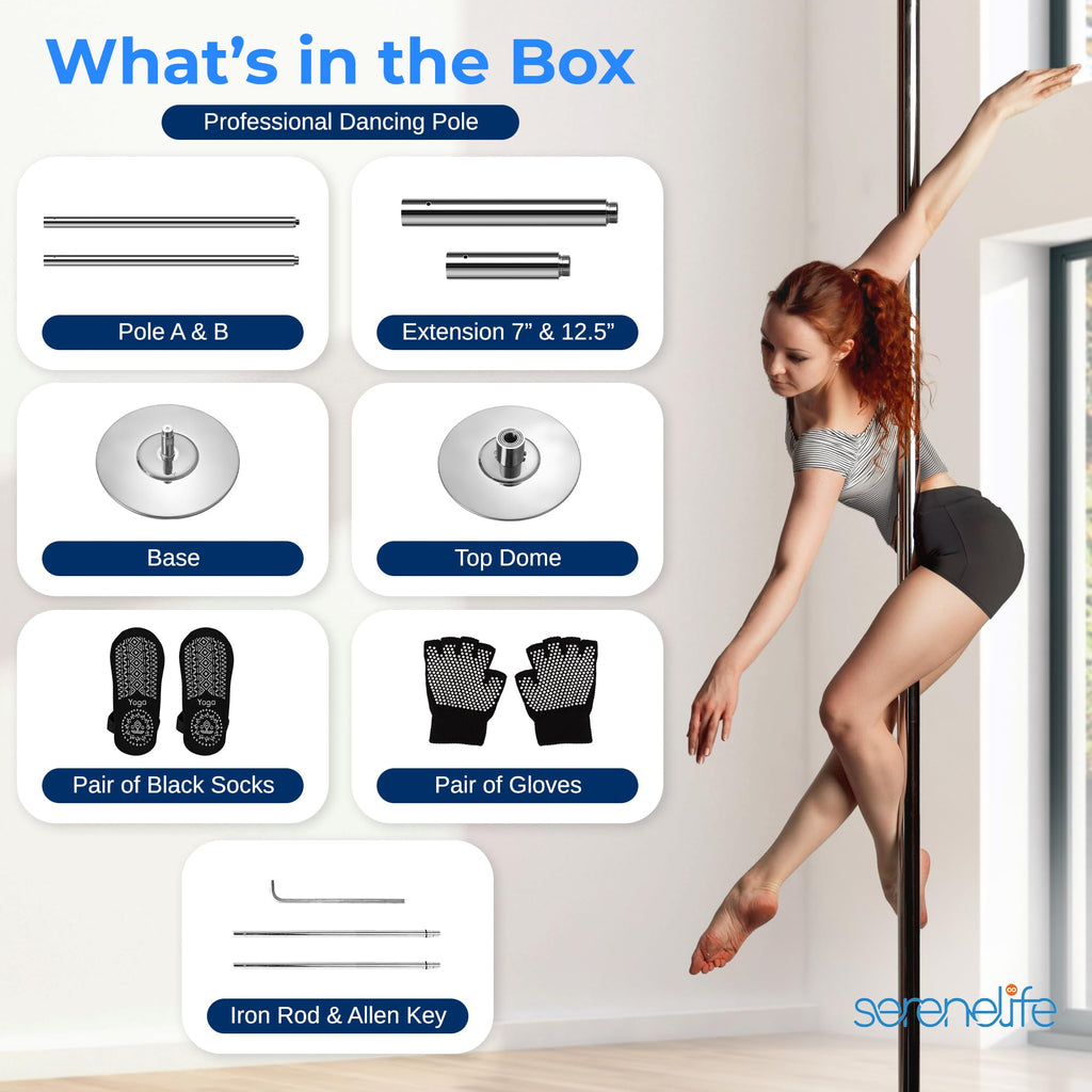 SereneLife Professional Spinning Dance Pole, 45mm Portable Exercise Pole for Fitness â Durable Steel Build, Anti-Rust Finish, Suitable for Home, Club, Gym, Party, Pub