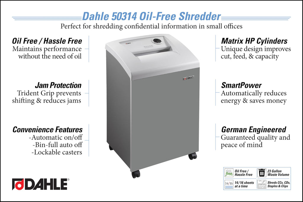 Dahle 52214 Paper Shredder, Cross Cut, P-4 | O-3 Security, German Engineered, Jam Protection, Oil Free, SmartPower, Shreds CDs, 20 Sheet Max, 11 Gal Bin