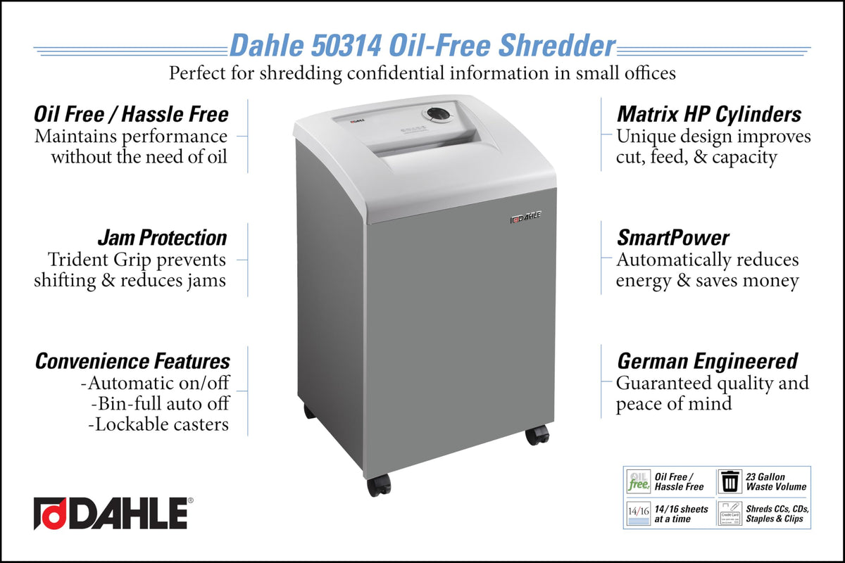 Dahle 52214 Paper Shredder, Cross Cut, P-4 | O-3 Security, German Engineered, Jam Protection, Oil Free, SmartPower, Shreds CDs, 20 Sheet Max, 11 Gal Bin