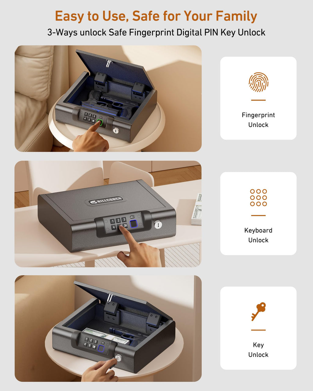 BILLCONCH Large Gun Safe Biometric Fingerprint Handgun Pistol Safes