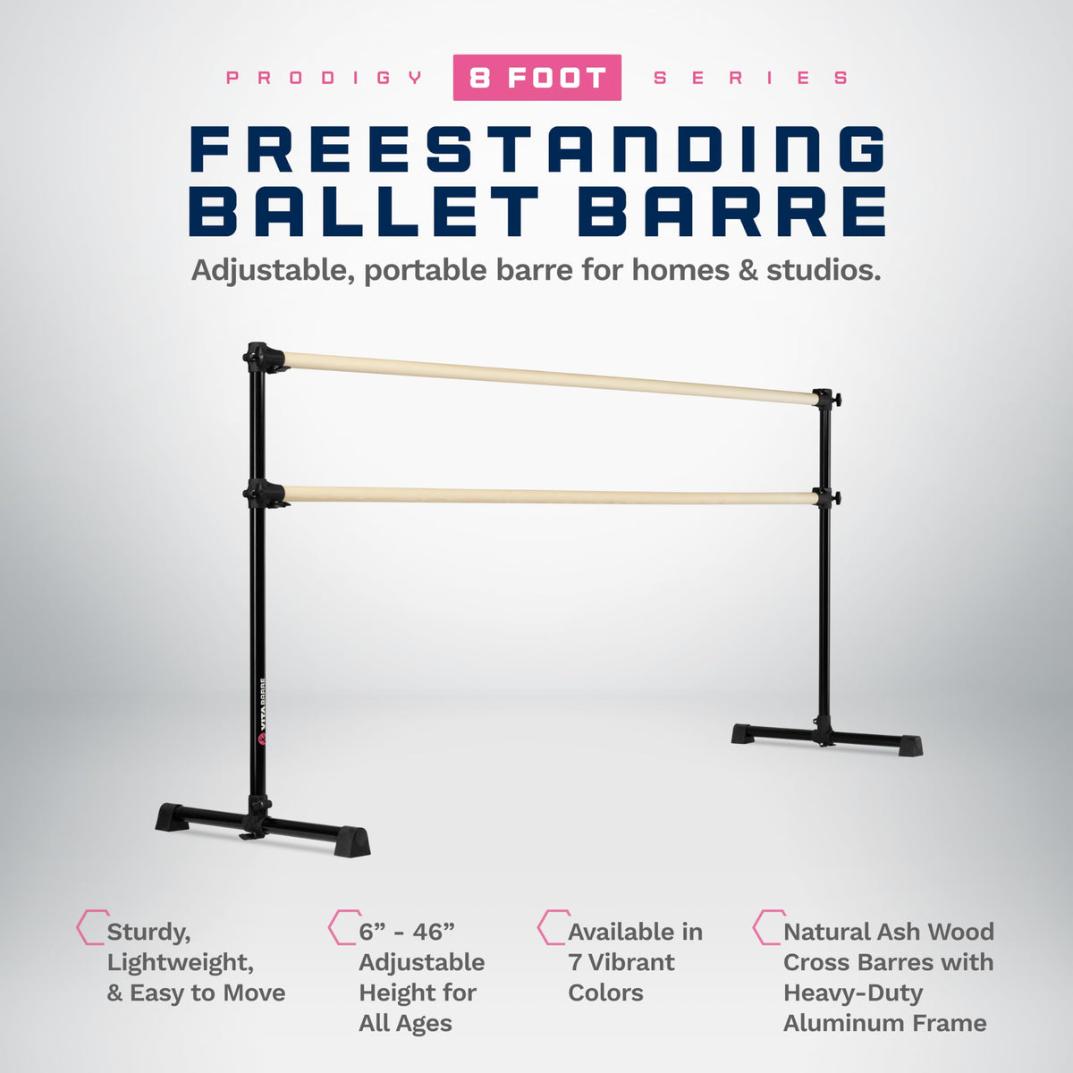 VITA Barre Portable Freestanding Double Ballet Barre, Prodigy, Wood | Adjustable Height, USA Made, Home or Gym Exercise Equipment for Kids & Adults | Dance, Fitness, Pilates