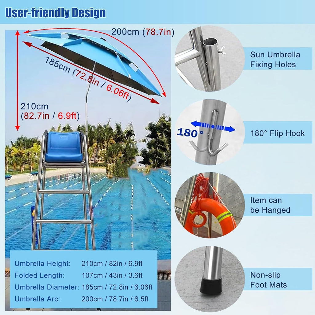 Beach Sandy Tennis/Volleyball Referee Stand Chair, 304 Stainless Steel Lifeguard Chair W/Comfortable Seat & Umbrella, Portable 1.2 1.5 1.8 M Tall Life Guard Deck Chairs/Bar Stool(70in/5.9ft/1.8m)