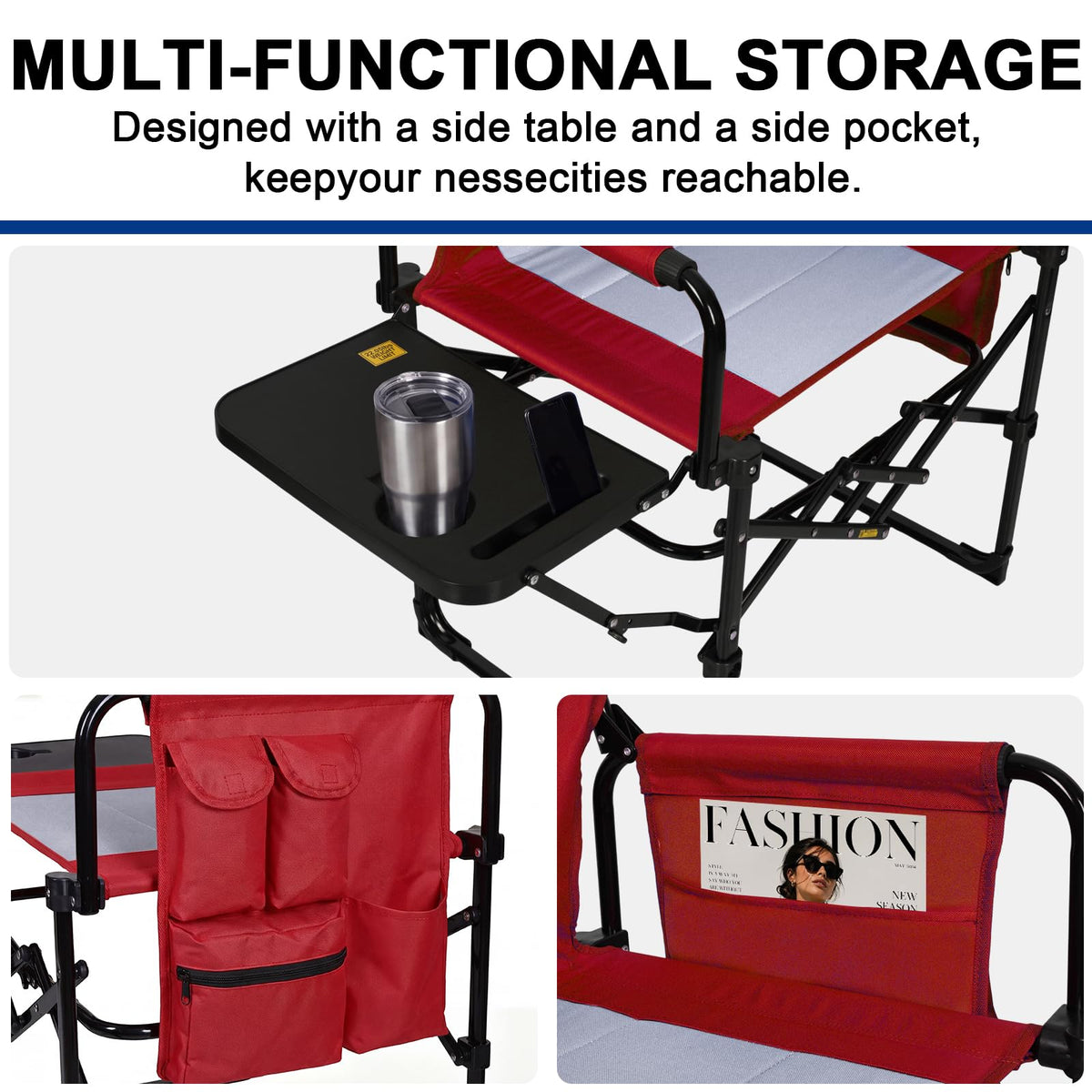 Romswi 2 Pack 30" Extra Tall Folding Camping Chairs, Heavy Duty Director Chairs with Side Table, Cup Holder & Storage Pocket, 400 LBS Support, Portable Outdoor Chairs for Camping, Sports, Events, Blue