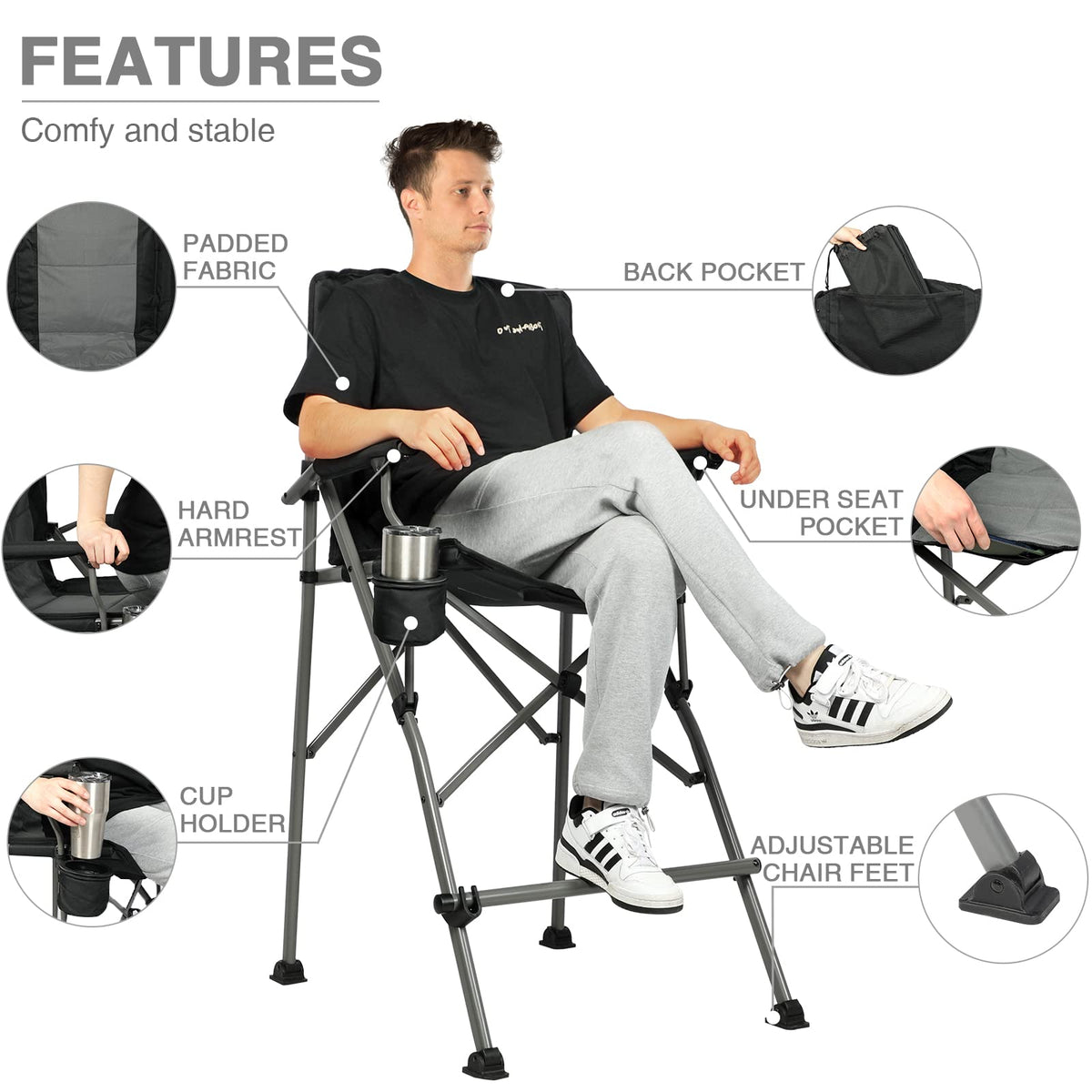EVER ADVANCED Tall Director Chair 31" Foldable Camping with Carry Bag Black