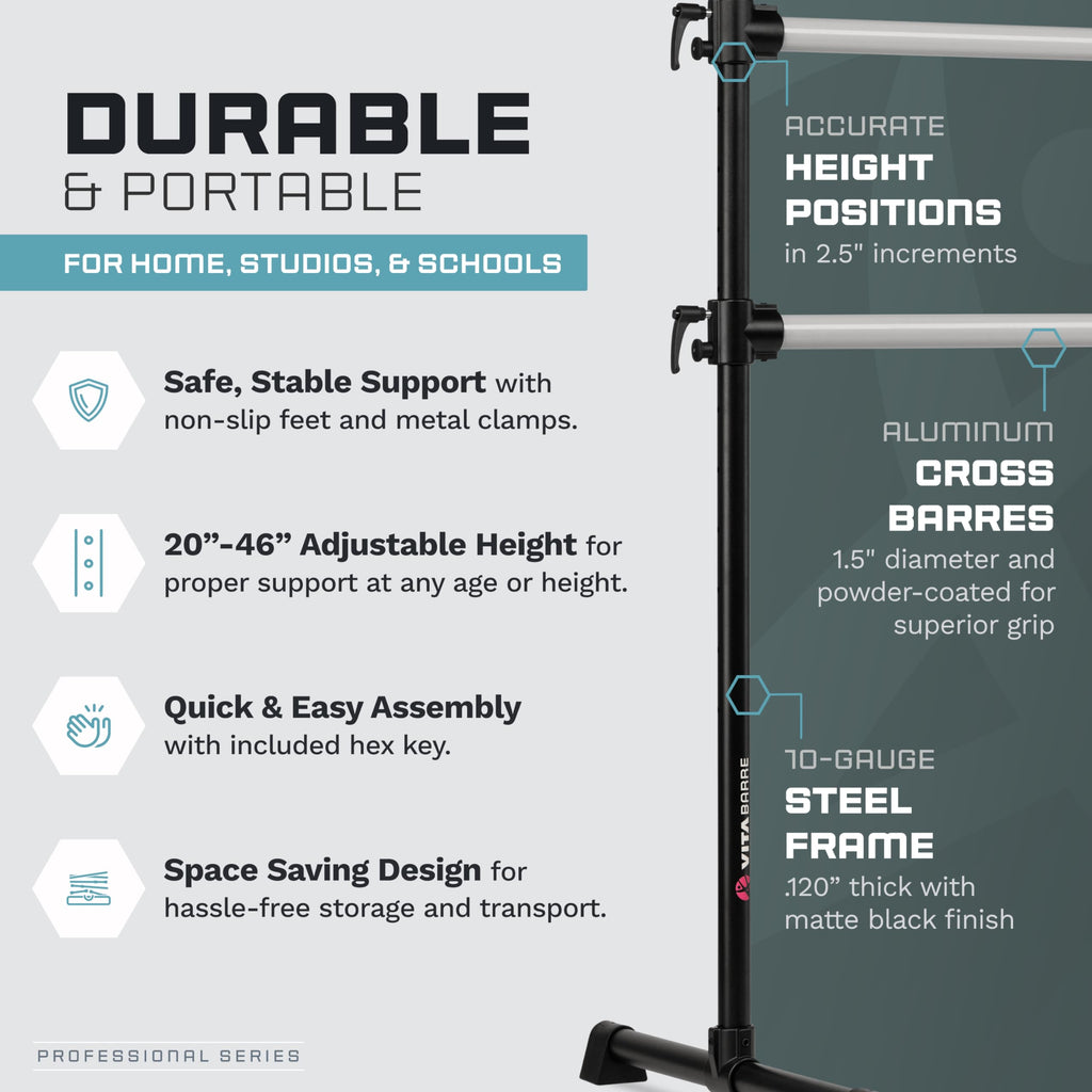 VITA Barre Portable Freestanding Double Ballet Barre, Professional | Adjustable Height, Made in USA, Home or Gym Exercise Equipment for Kids & Adults | Dance, Fitness, Pilates