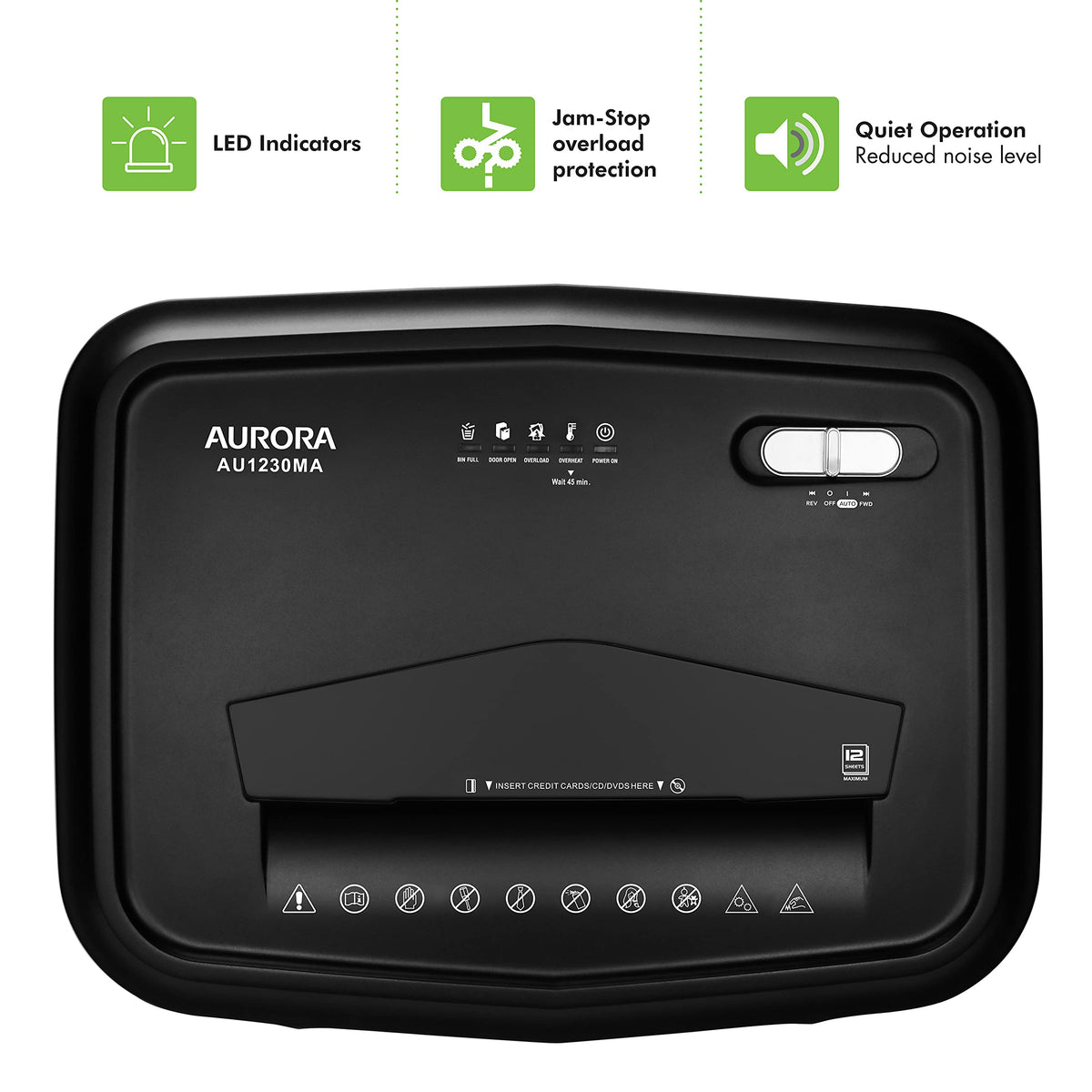 Aurora Professional Grade 120-Sheet Auto Feed Micro-Cut Paper and Credit Card Shredder with 5 Gallon Pullout Basket / 30 Minutes/Security Level P-4 (White/Black)