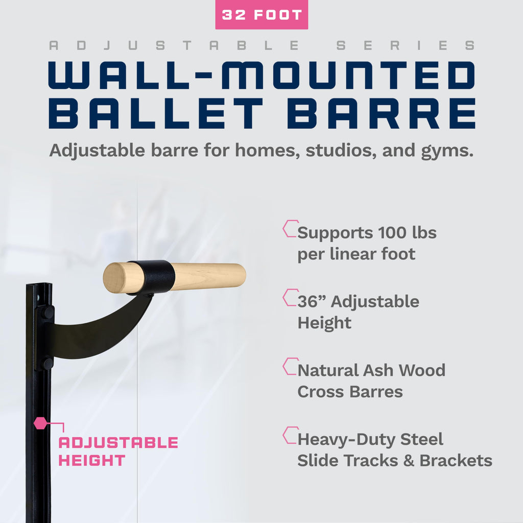 VITA Barre Wall-Mounted Ballet Barre, Wood | Adjustable Height, Made in USA, Home, Studio or Gym Exercise Equipment for Kids & Adults | Dance, Fitness, Pilates