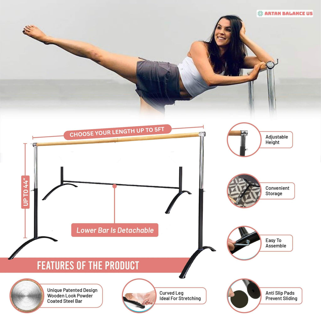 Ballet Barre Portable for Home or Studio, Freestanding Adjustable Bar for Stretch, Balance, Pilates, Dance or Active Workouts, Single or Double Bar, Kids and Adults
