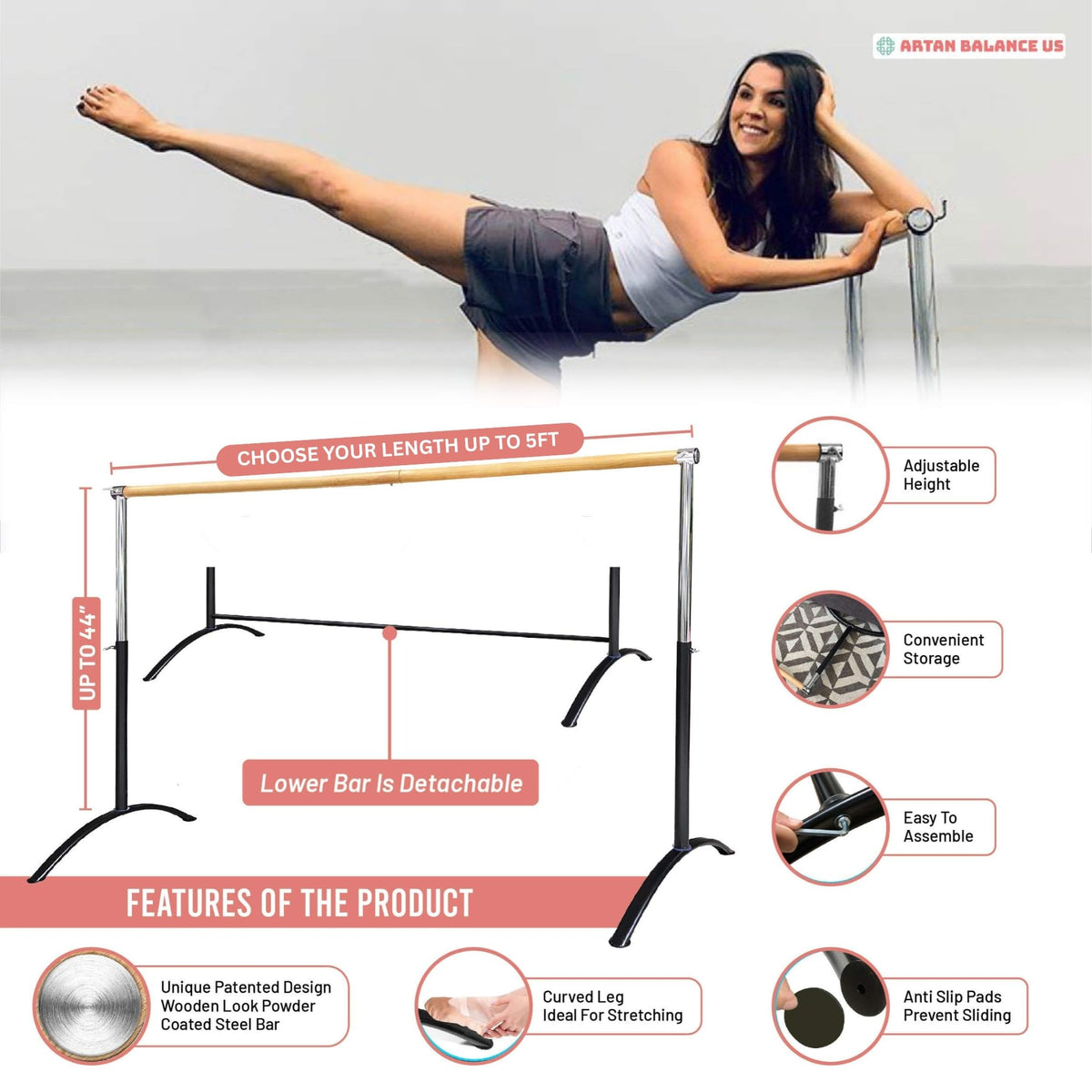 Ballet Barre Portable for Home or Studio, Freestanding Adjustable Bar for Stretch, Balance, Pilates, Dance or Active Workouts, Single or Double Bar, Kids and Adults
